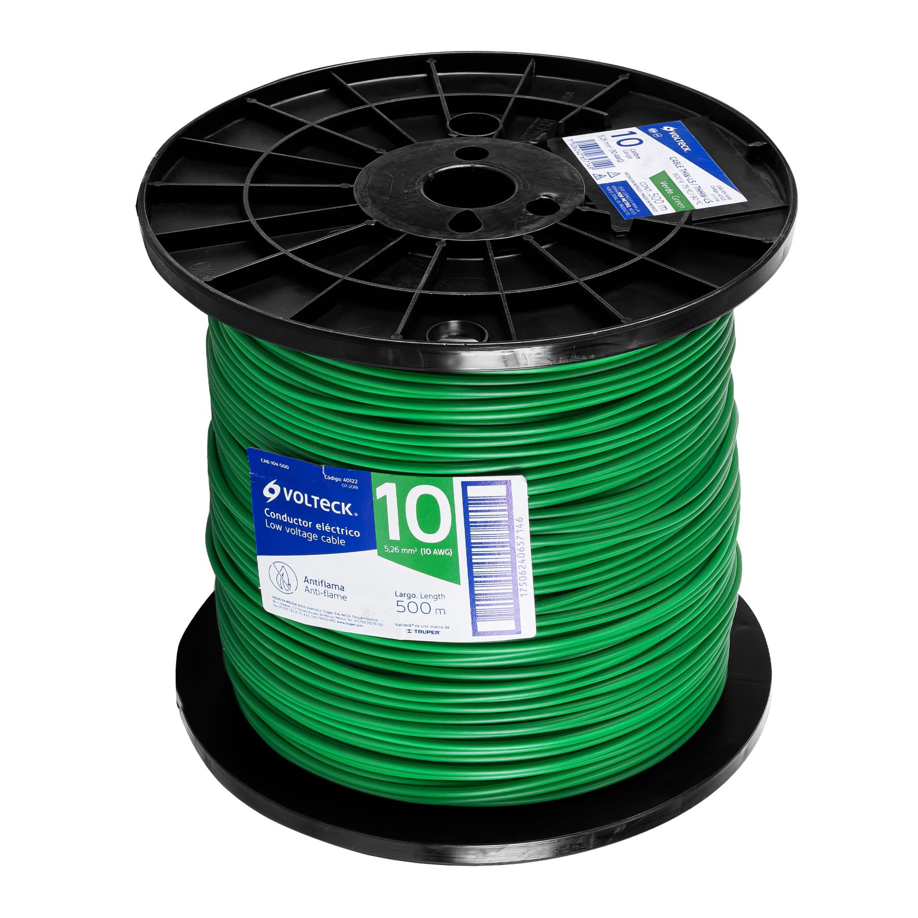 Metro de cable THHW-LS 10 AWG verde en carrete de 500 m | CAB-10V-500 | 40122