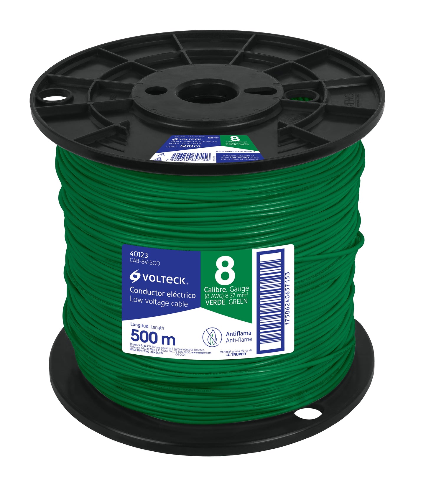 Metro de cable THHW-LS 8 AWG verde en carrete de 500 m | CAB-8V-500 | 40123
