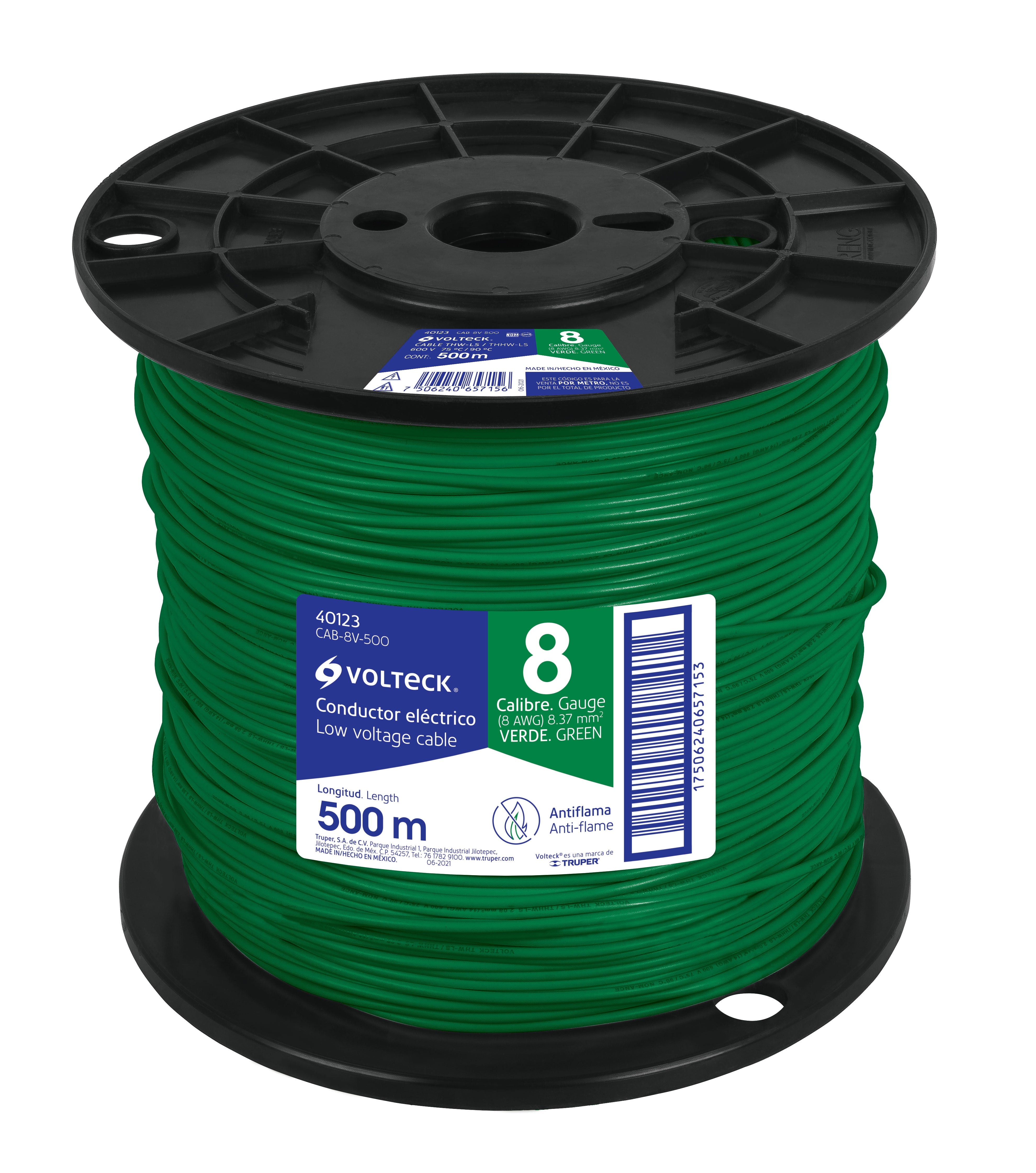 Metro de cable THHW-LS 8 AWG verde en carrete de 500 m | CAB-8V-500 | 40123