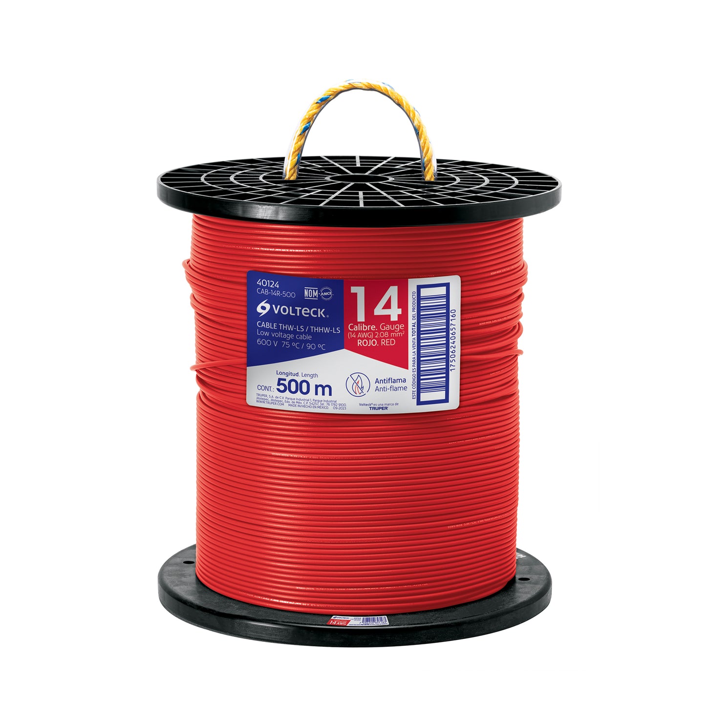 Metro de cable THHW-LS 14 AWG rojo en carrete de 500 m | CAB-14R-500 | 40124