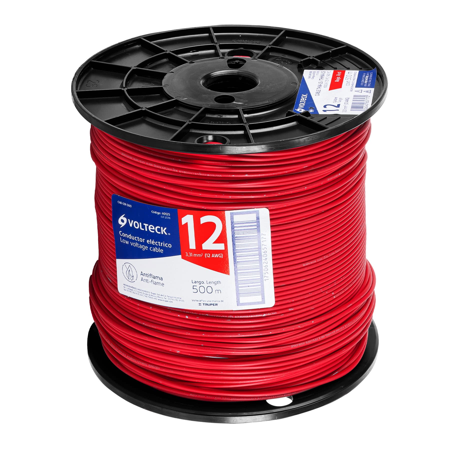 Metro de cable THHW-LS 12 AWG rojo en carrete de 500 m | CAB-12R-500 | 40125