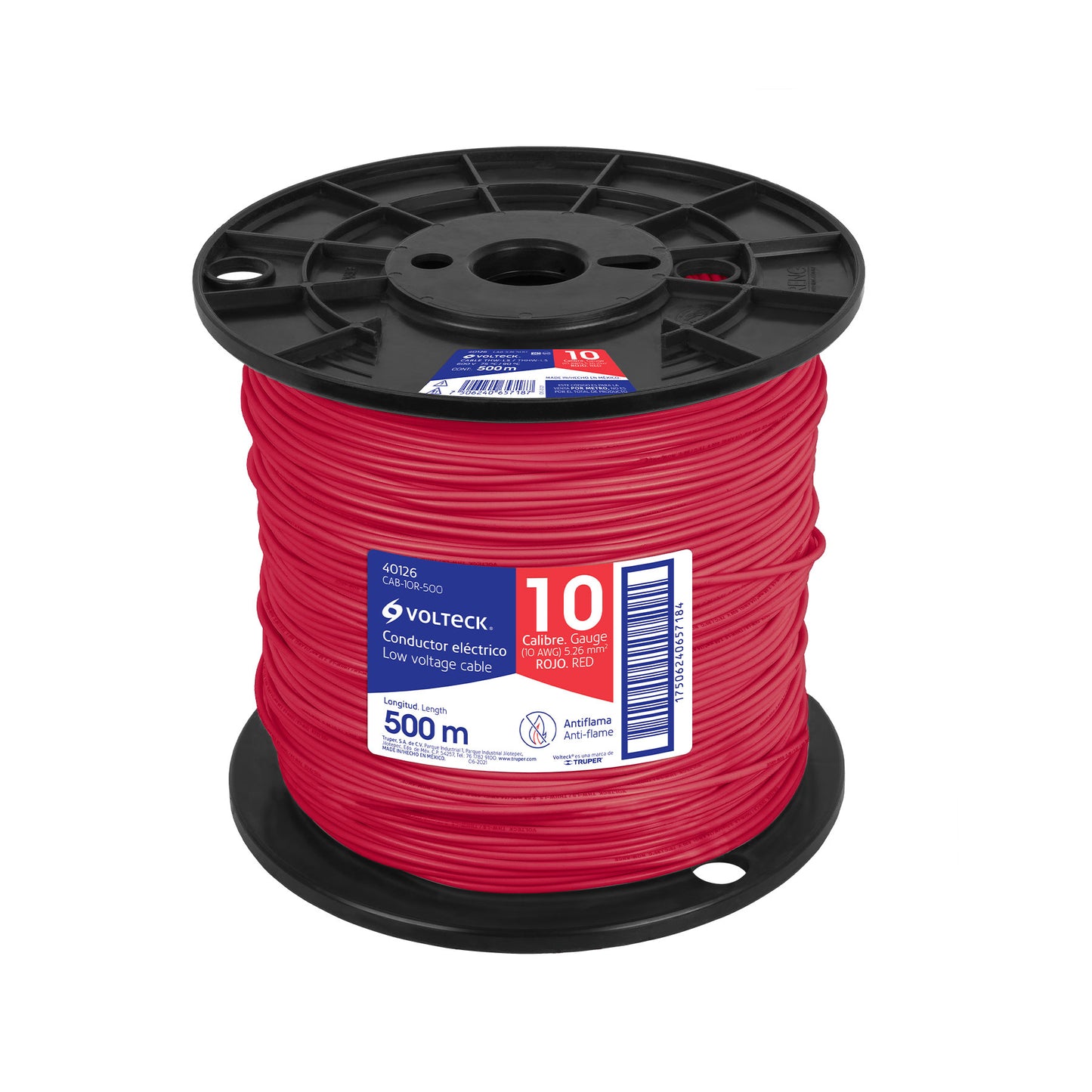 Metro de cable THHW-LS 10 AWG rojo en carrete de 500 m | CAB-10R-500 | 40126
