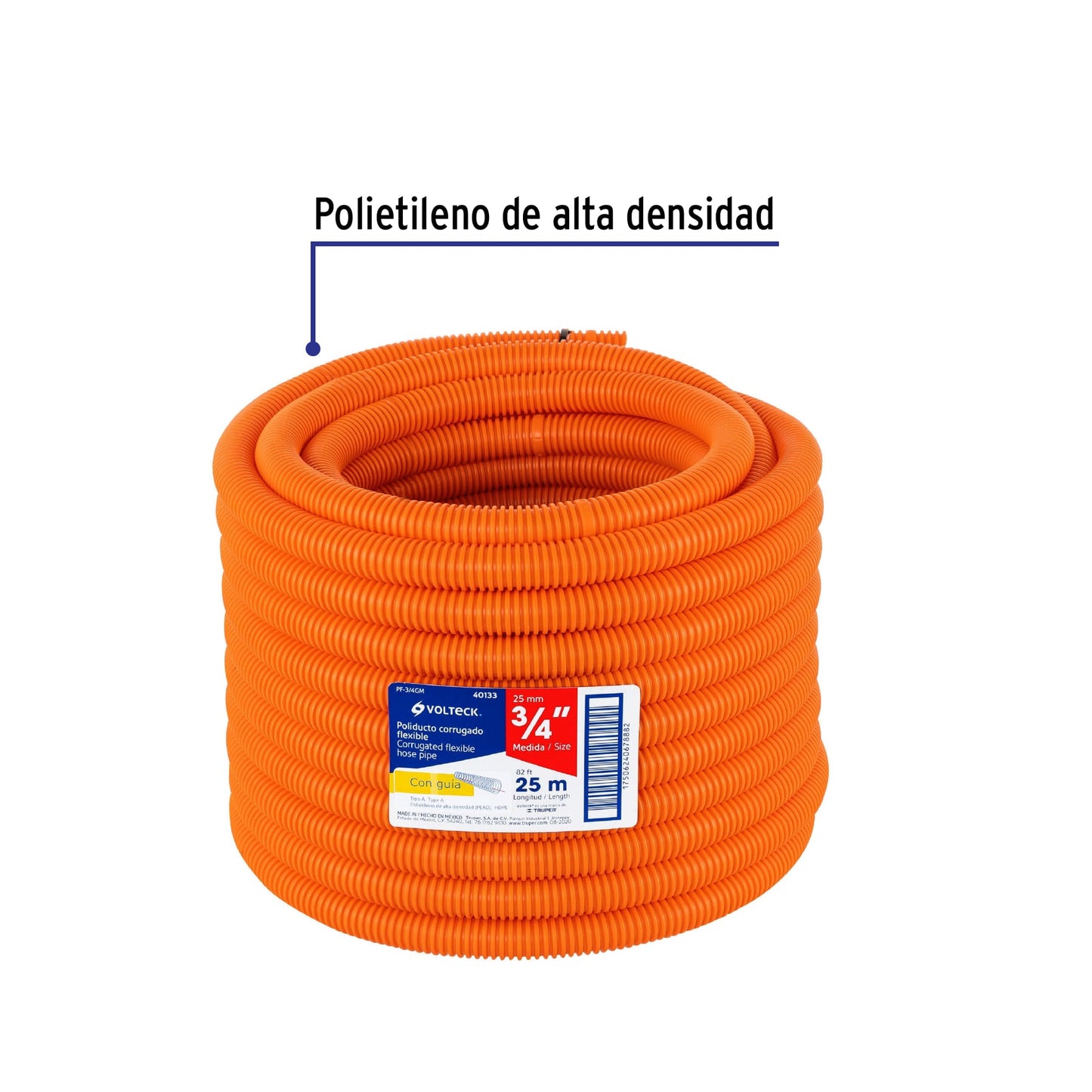 Metro de poliducto 3/4' corrugado flex. c/guía, rollo 25 m | PF-3/4GM | 40133