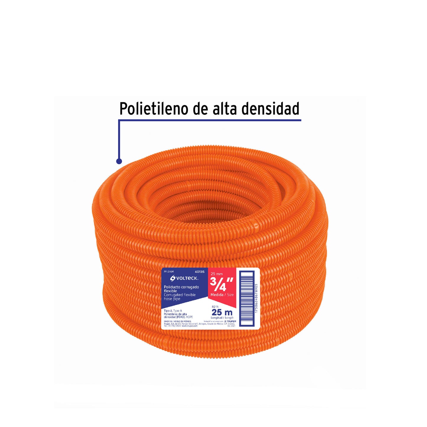 Metro de poliducto 3/4' corrugado flex. s/guía, rollo 25 m | PF-3/4M | 40135