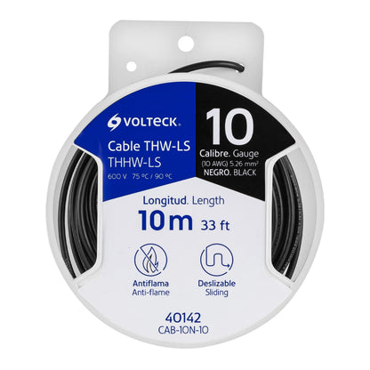 Carrete con 10 m de cable THHW-LS 10 AWG negro, Volteck | CAB-10N-10 | 40142