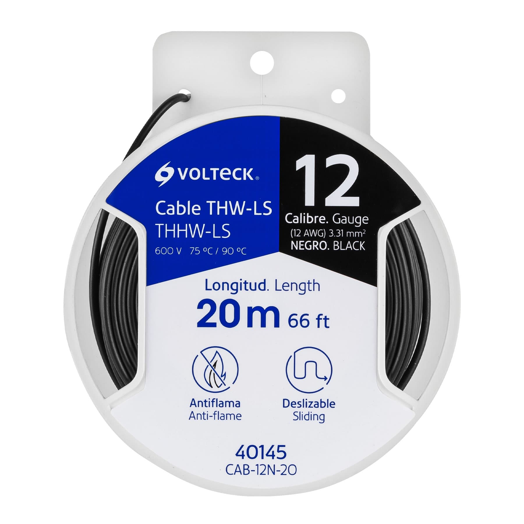 Carrete con 20 m de cable THHW-LS 12 AWG negro, Volteck | CAB-12N-20 | 40145