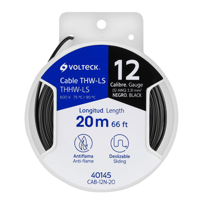 Carrete con 20 m de cable THHW-LS 12 AWG negro, Volteck | CAB-12N-20 | 40145
