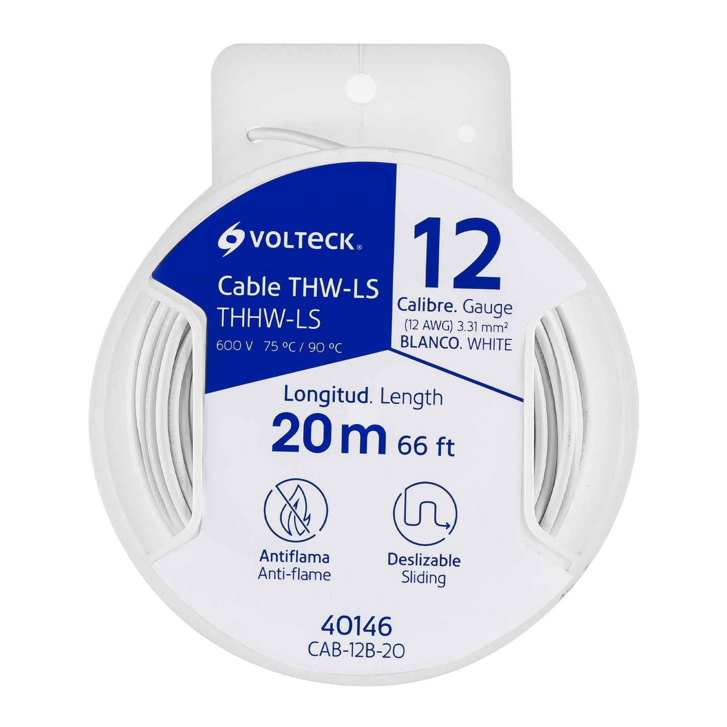 Carrete con 20 m de cable THHW-LS 12 AWG blanco, Volteck | CAB-12B-20 | 40146