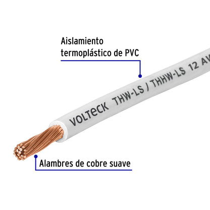 Carrete con 20 m de cable THHW-LS 12 AWG blanco, Volteck | CAB-12B-20 | 40146