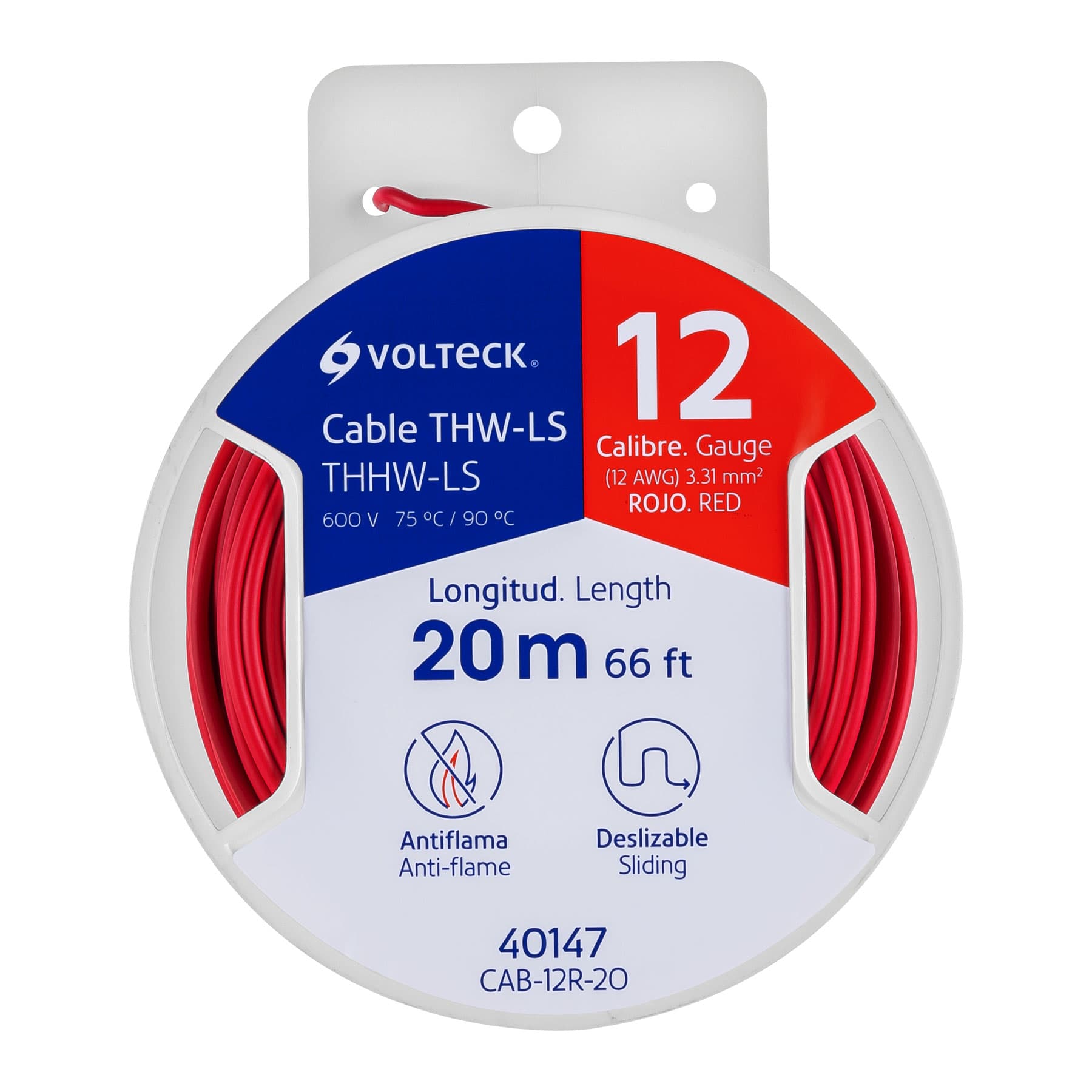 Carrete con 20 m de cable THHW-LS 12 AWG rojo, Volteck | CAB-12R-20 | 40147