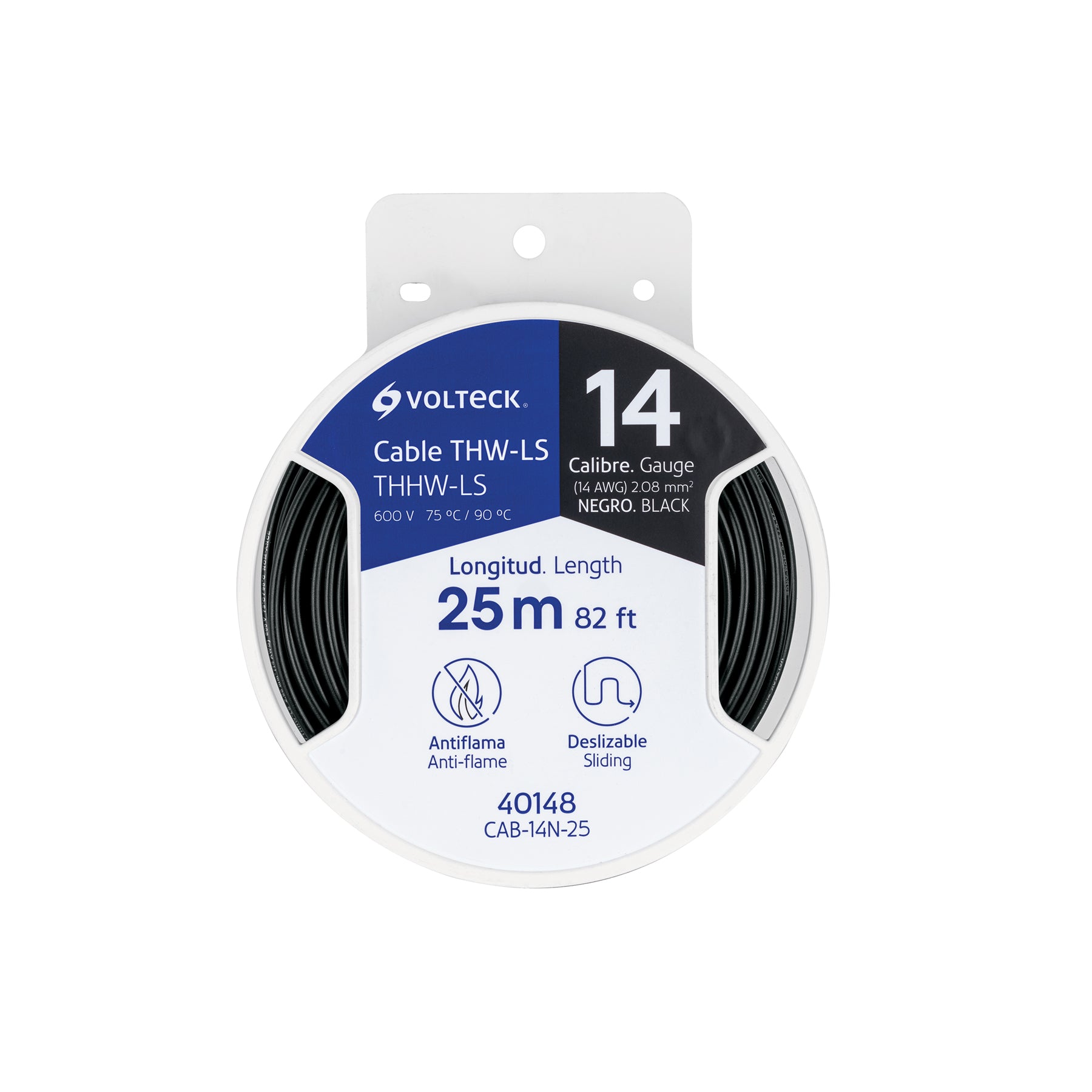 Carrete con 25 m de cable THHW-LS 14 AWG negro, Volteck | CAB-14N-25 | 40148