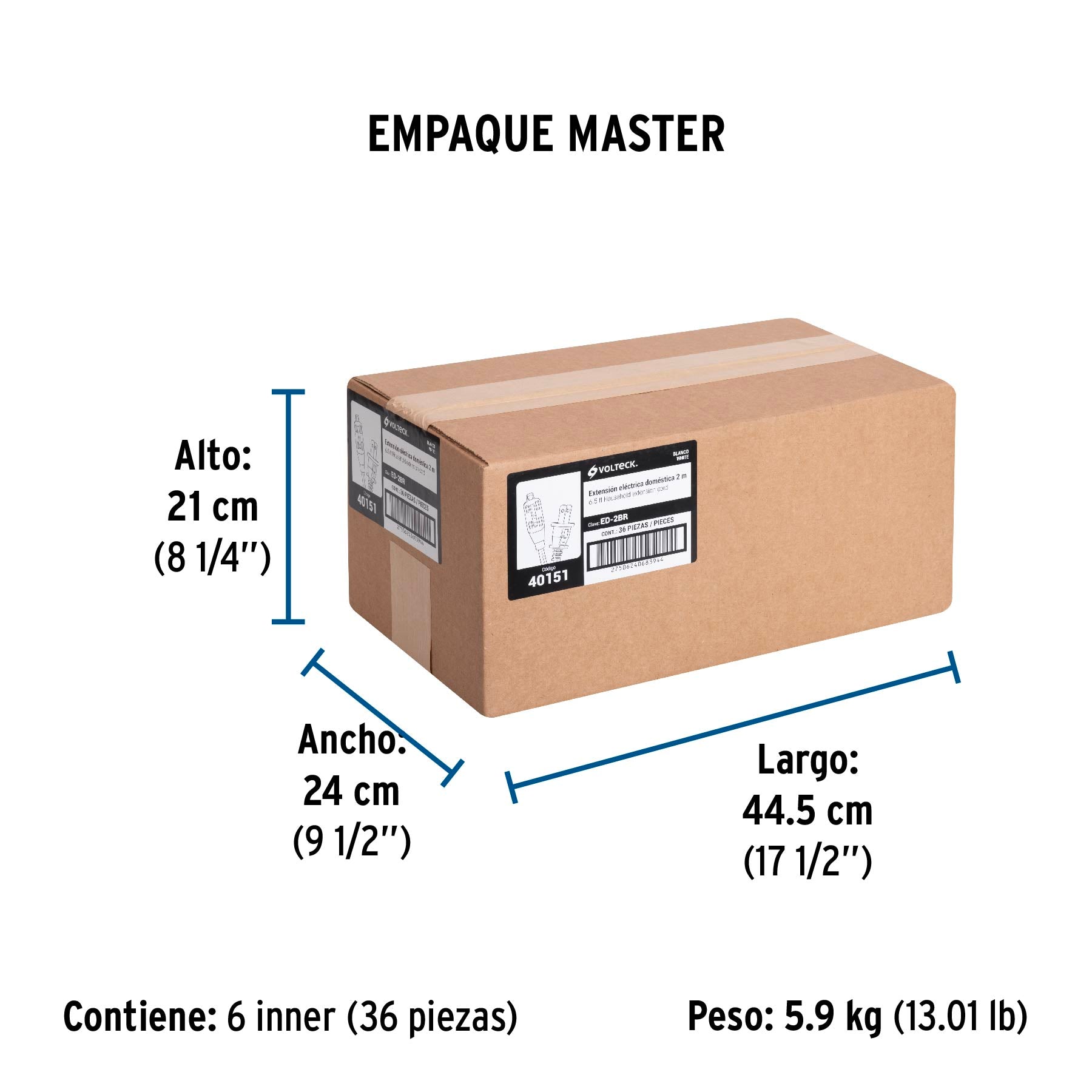 Extensión eléctrica doméstica 2 m clavija recta, blanca | ED-2BR | 40151