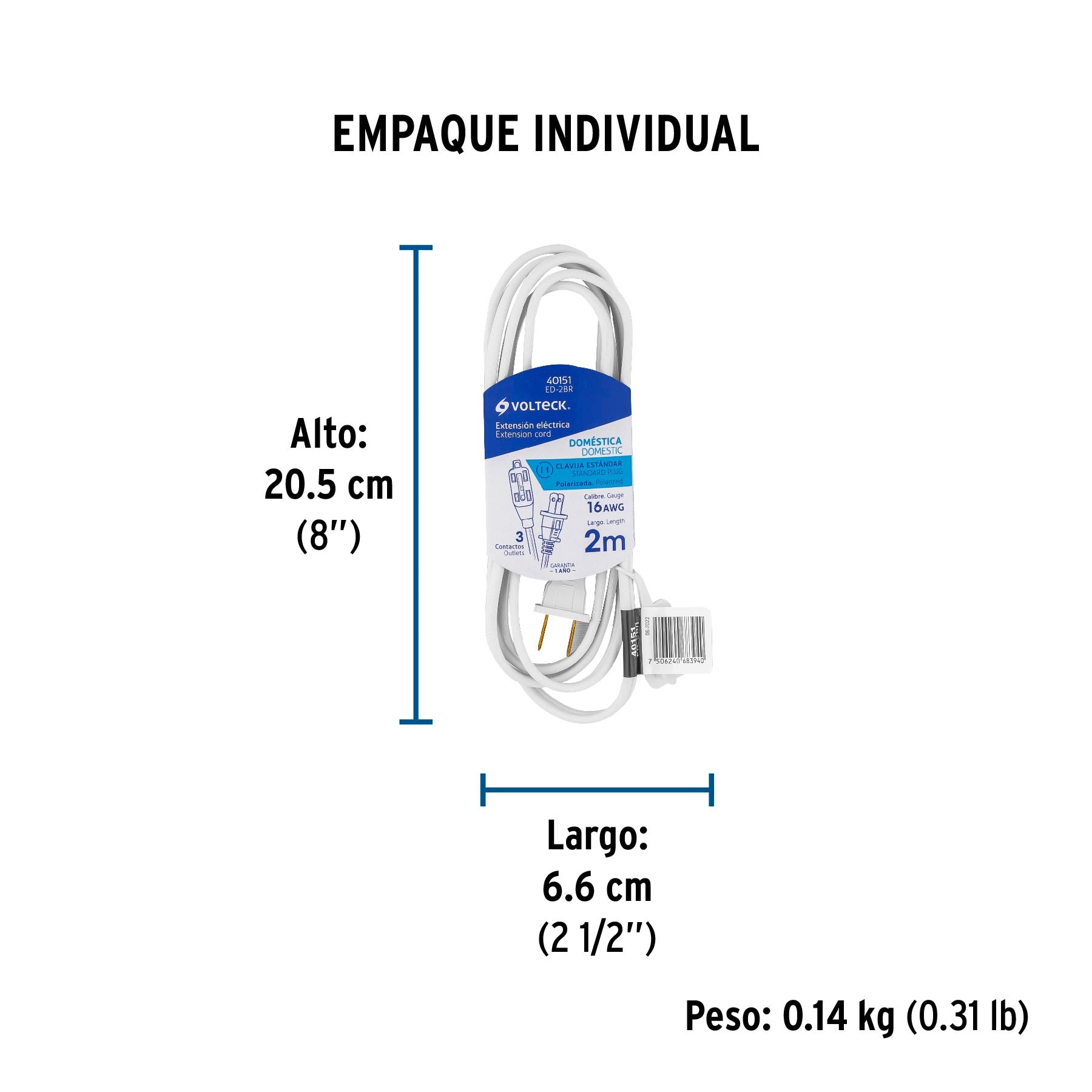 Extensión eléctrica doméstica 2 m clavija recta, blanca | ED-2BR | 40151