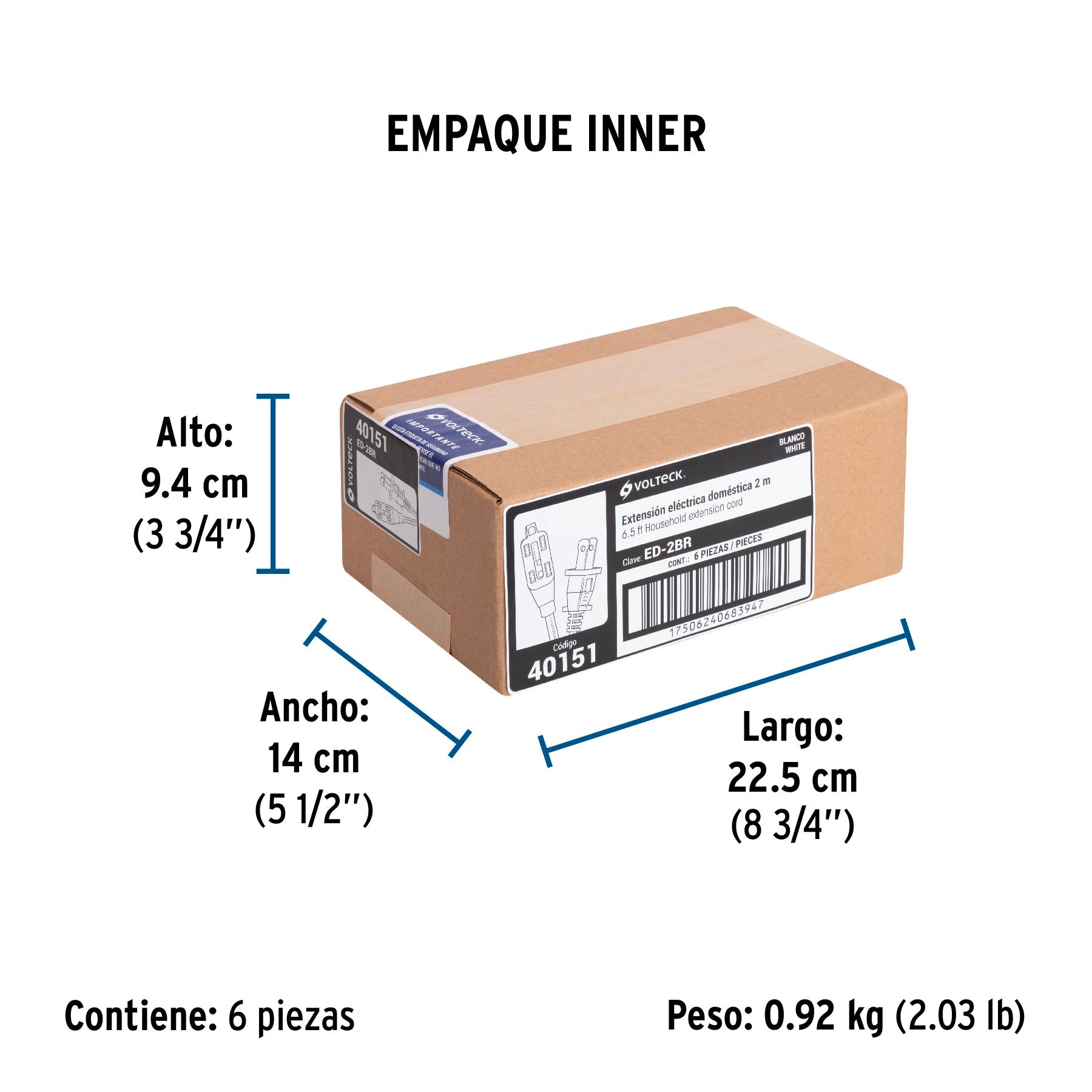 Extensión eléctrica doméstica 2 m clavija recta, blanca | ED-2BR | 40151