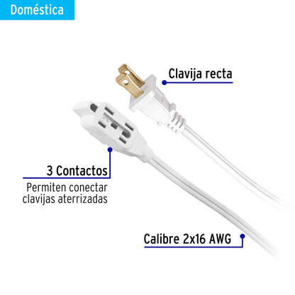 Extensión eléctrica doméstica 2 m clavija recta, blanca | ED-2BR | 40151
