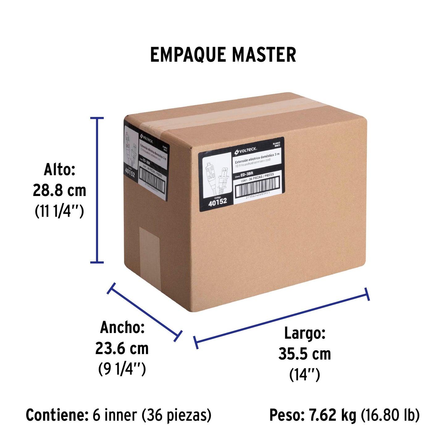 Extensión eléctrica doméstica 3 m clavija recta, blanca | ED-3BR | 40152
