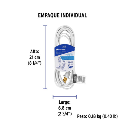Extensión eléctrica doméstica 3 m clavija recta, blanca | ED-3BR | 40152