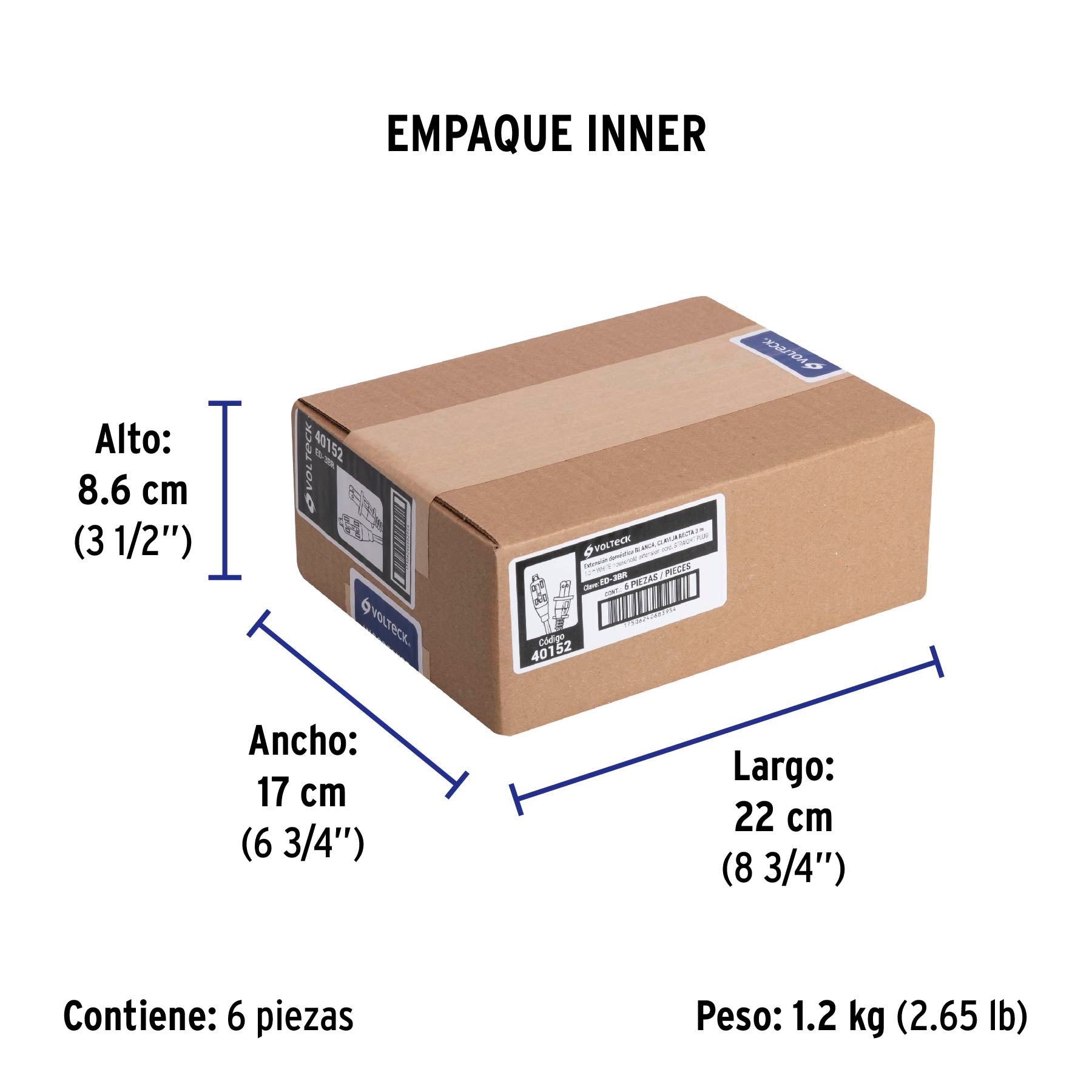 Extensión eléctrica doméstica 3 m clavija recta, blanca | ED-3BR | 40152