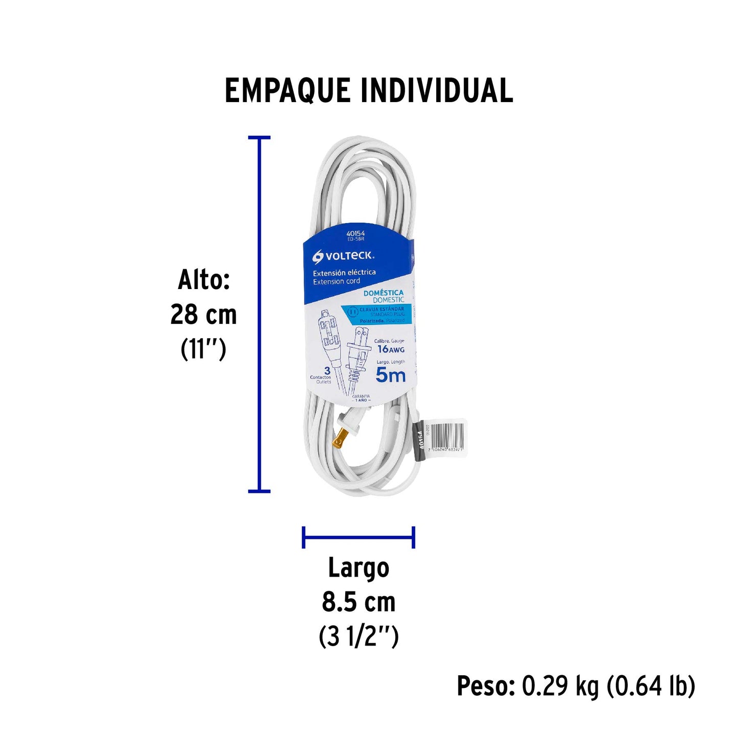 Extensión eléctrica doméstica 5 m clavija recta, blanca | ED-5BR | 40154