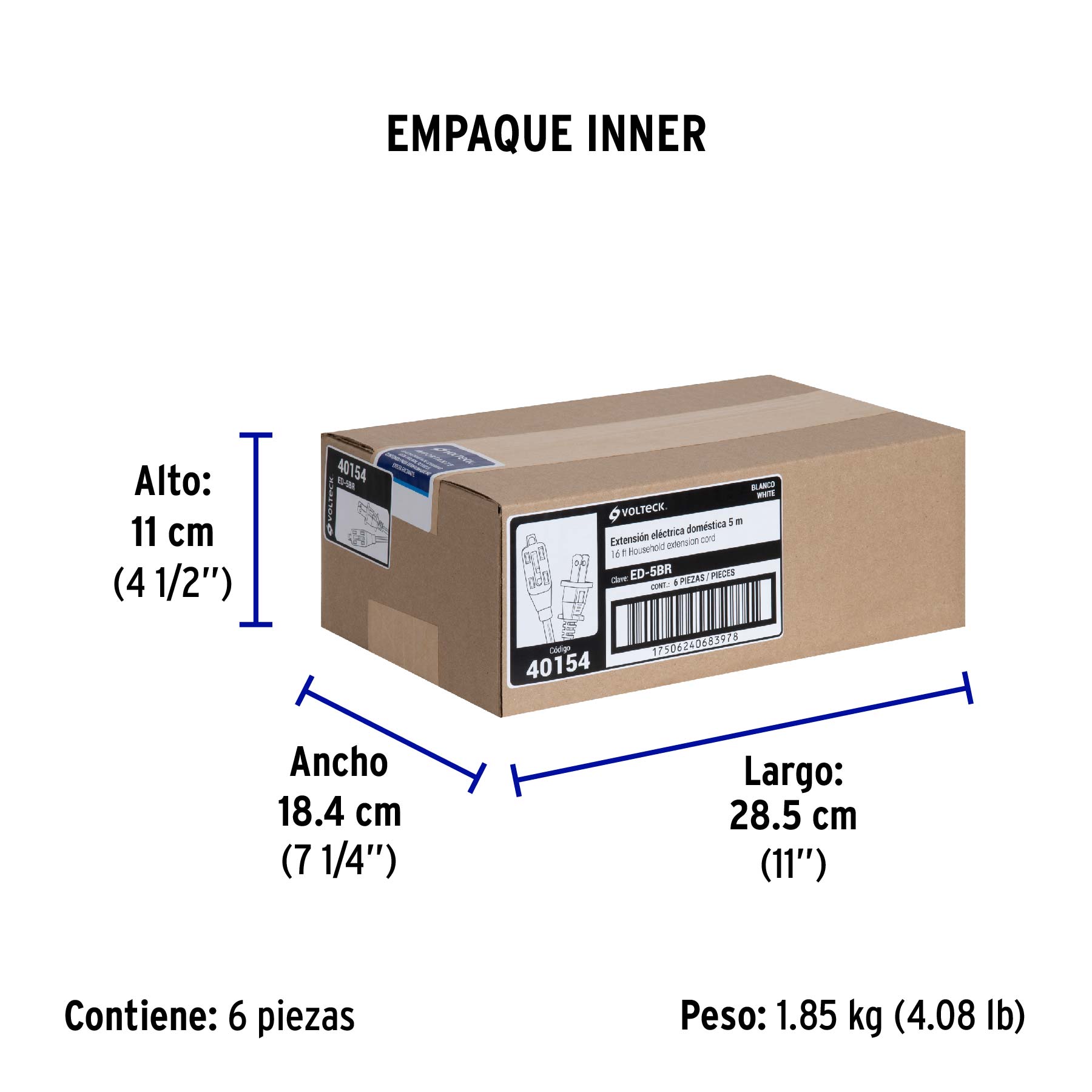 Extensión eléctrica doméstica 5 m clavija recta, blanca | ED-5BR | 40154