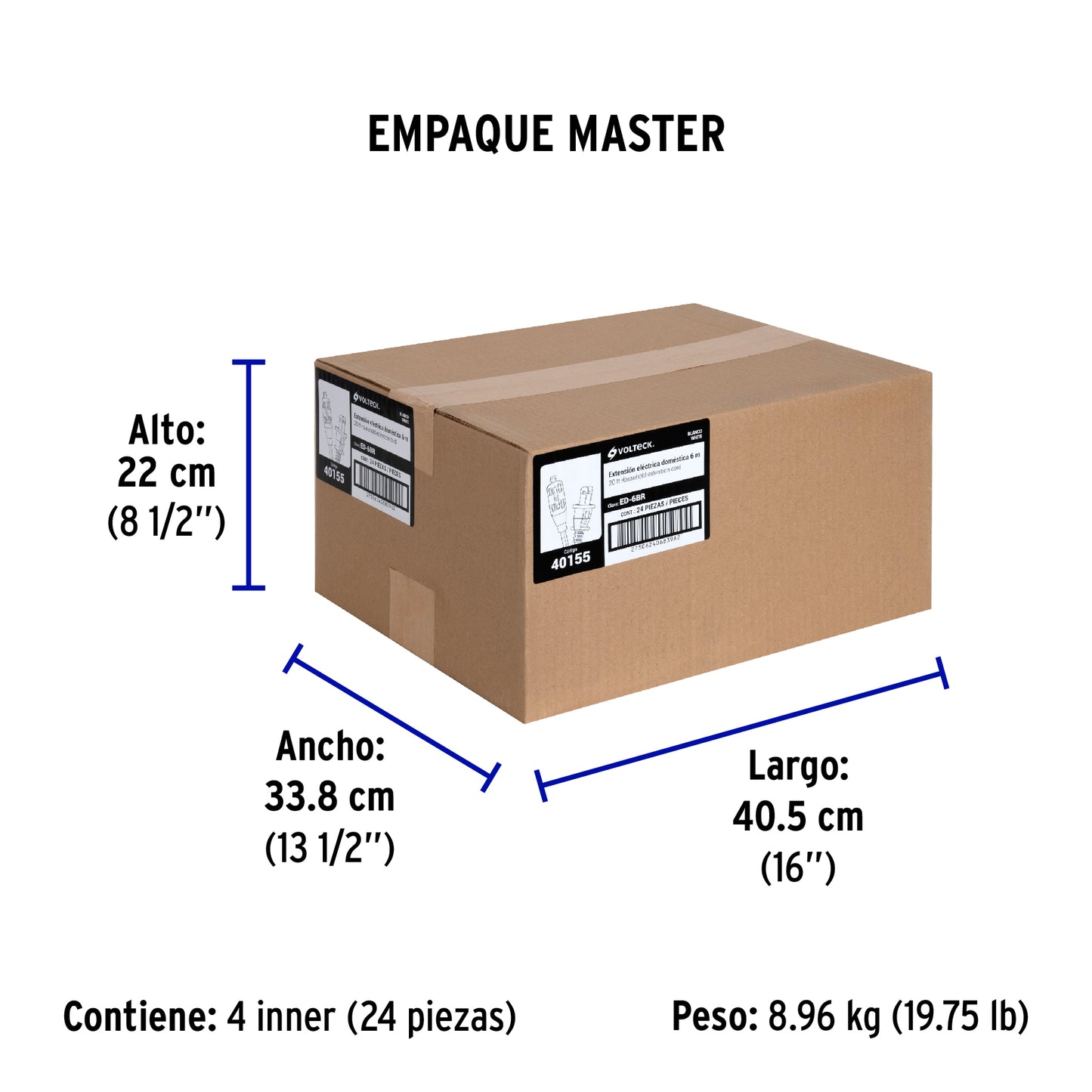 Extensión eléctrica doméstica 6 m clavija recta, blanca | ED-6BR | 40155