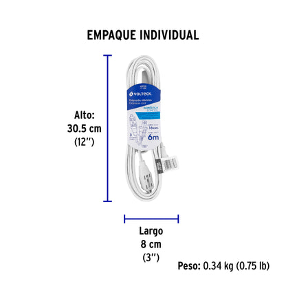 Extensión eléctrica doméstica 6 m clavija recta, blanca | ED-6BR | 40155