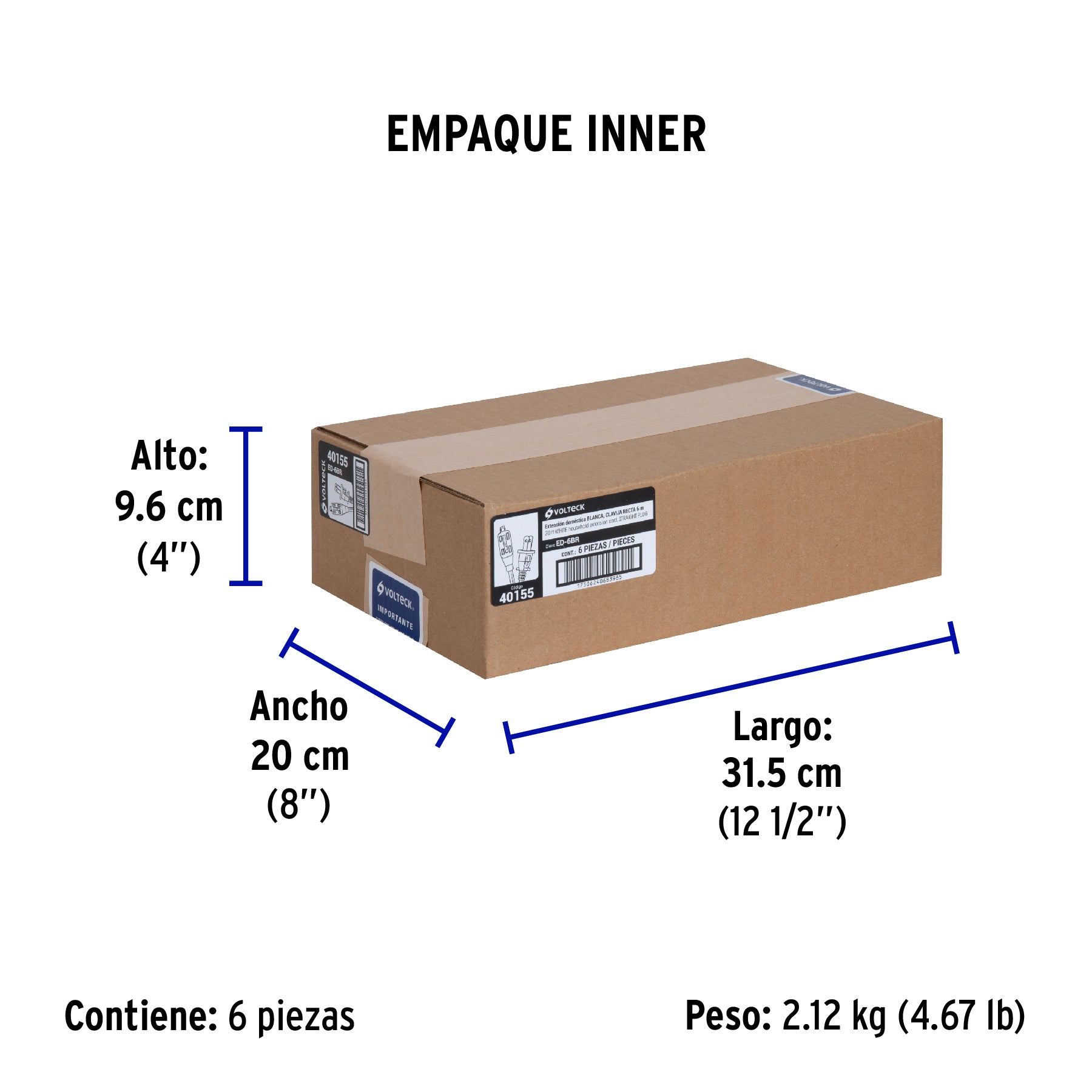 Extensión eléctrica doméstica 6 m clavija recta, blanca | ED-6BR | 40155