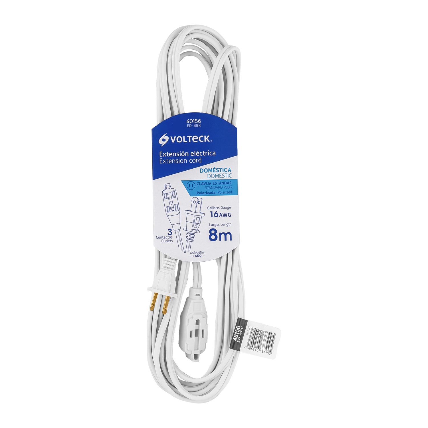 Extensión eléctrica doméstica 8 m clavija recta, blanca | ED-8BR | 40156