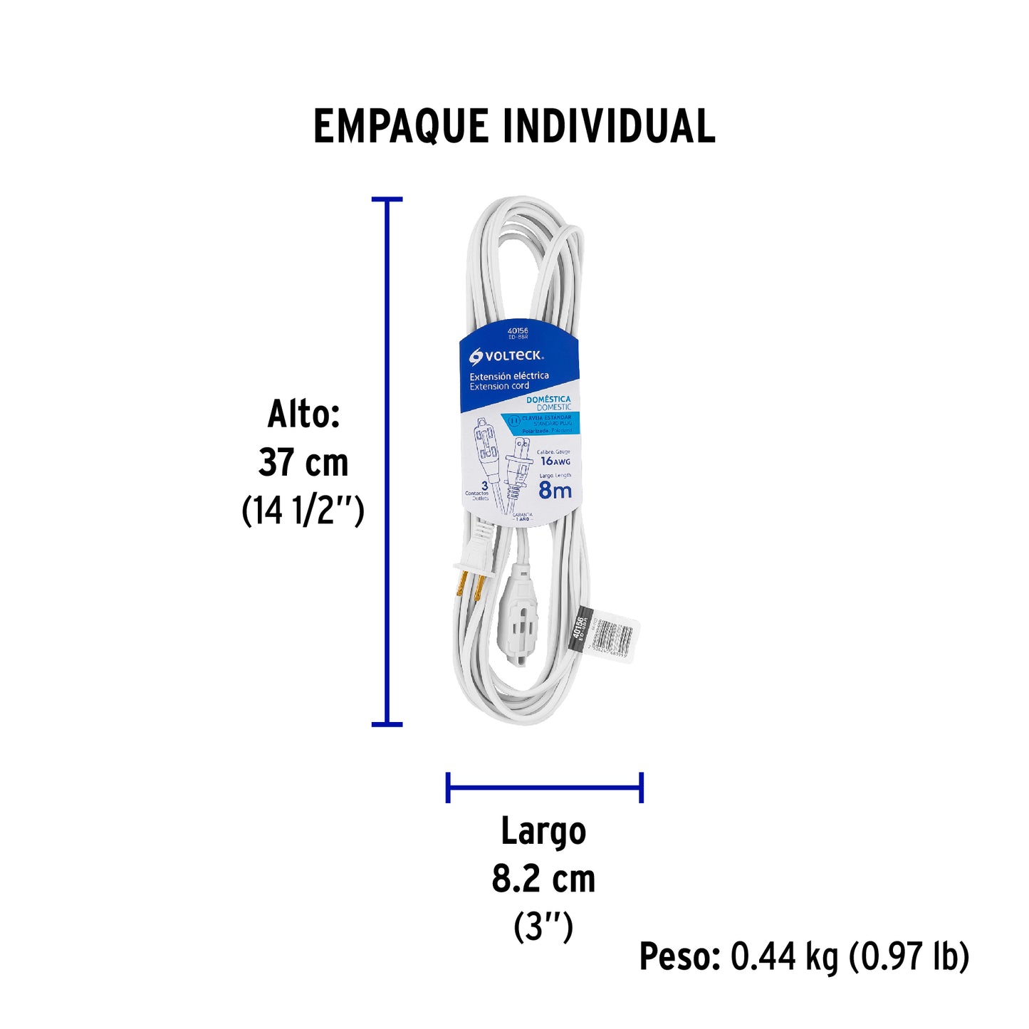 Extensión eléctrica doméstica 8 m clavija recta, blanca | ED-8BR | 40156