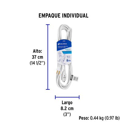 Extensión eléctrica doméstica 8 m clavija recta, blanca | ED-8BR | 40156