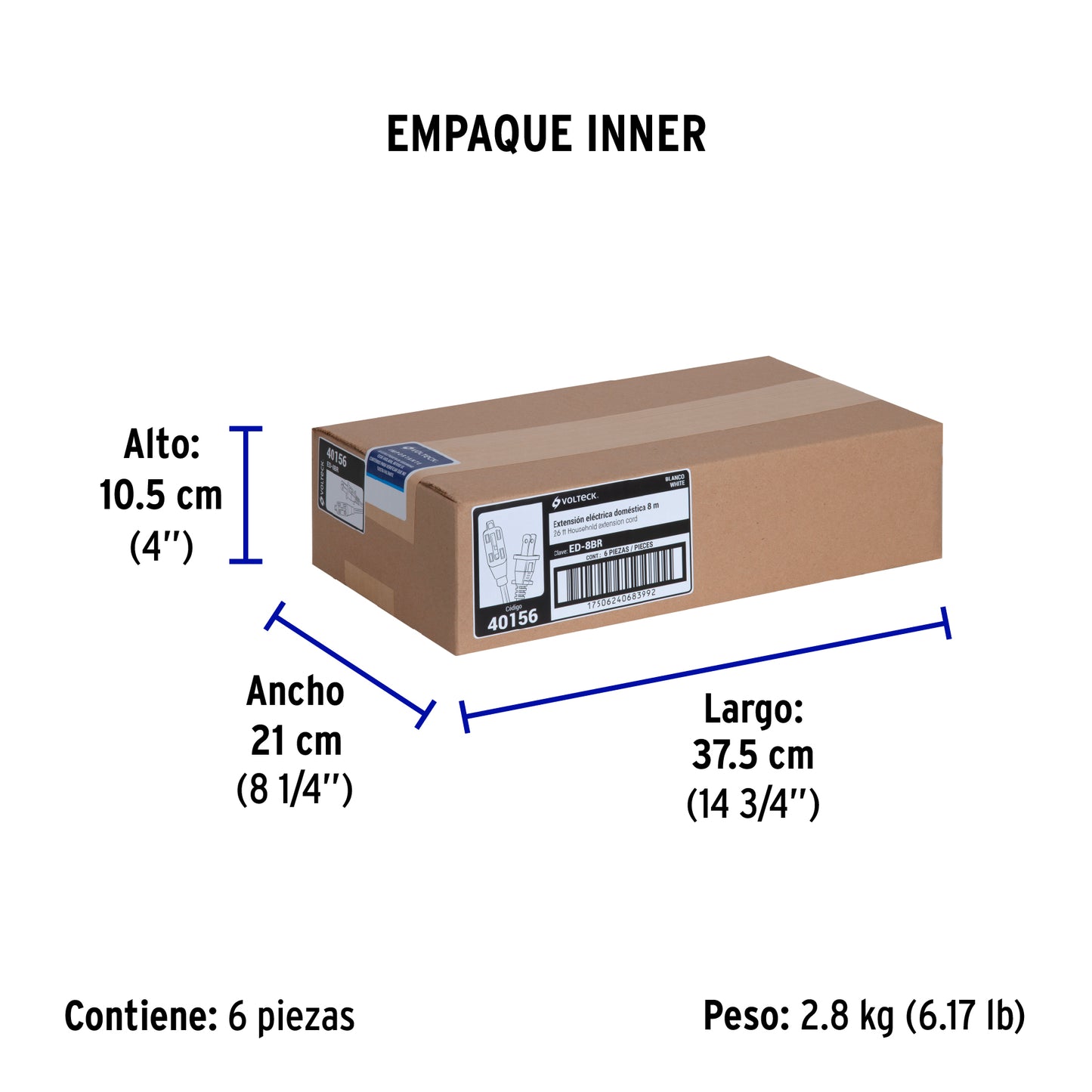 Extensión eléctrica doméstica 8 m clavija recta, blanca | ED-8BR | 40156