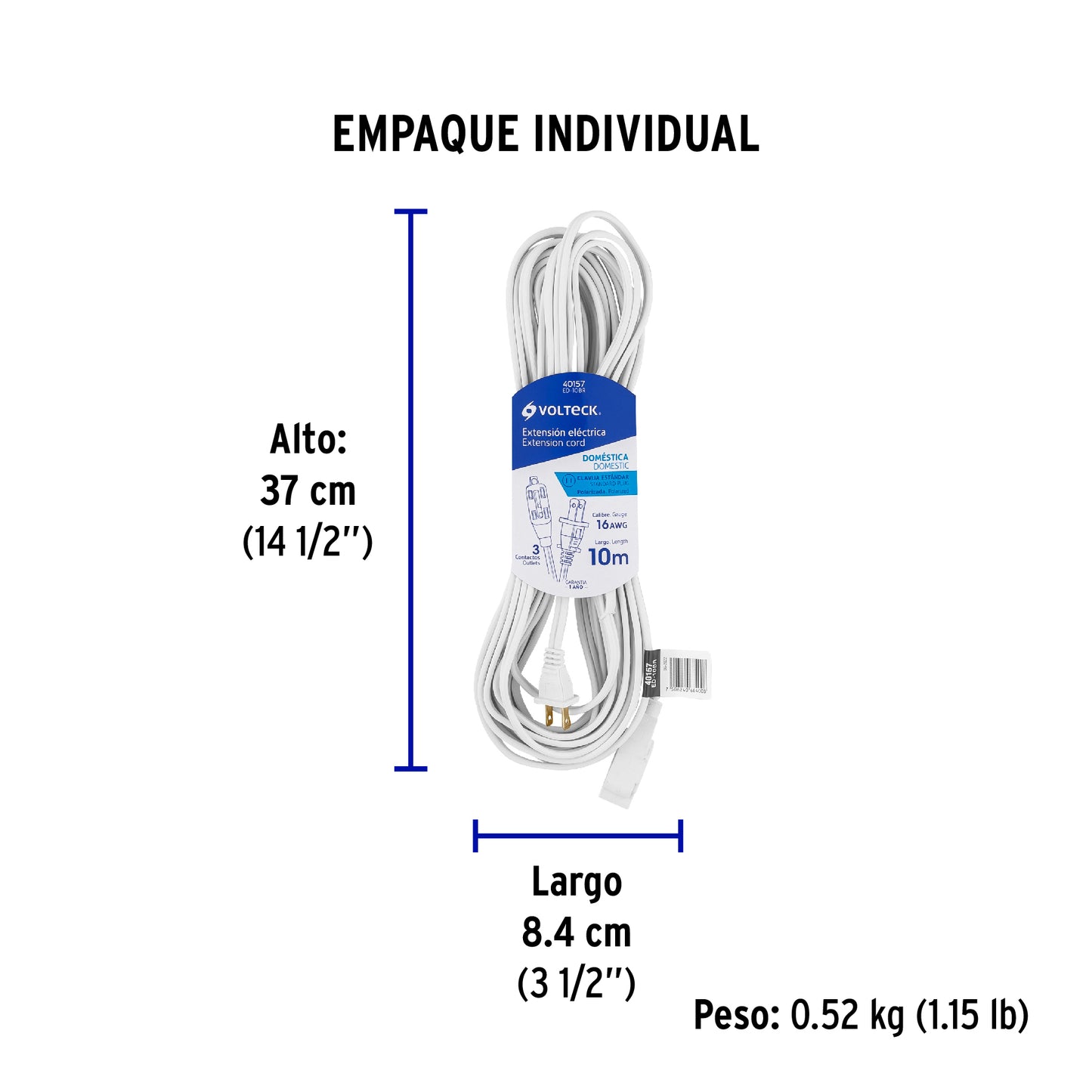 Extensión eléctrica doméstica 10 m clavija recta, blanca | ED-10BR | 40157