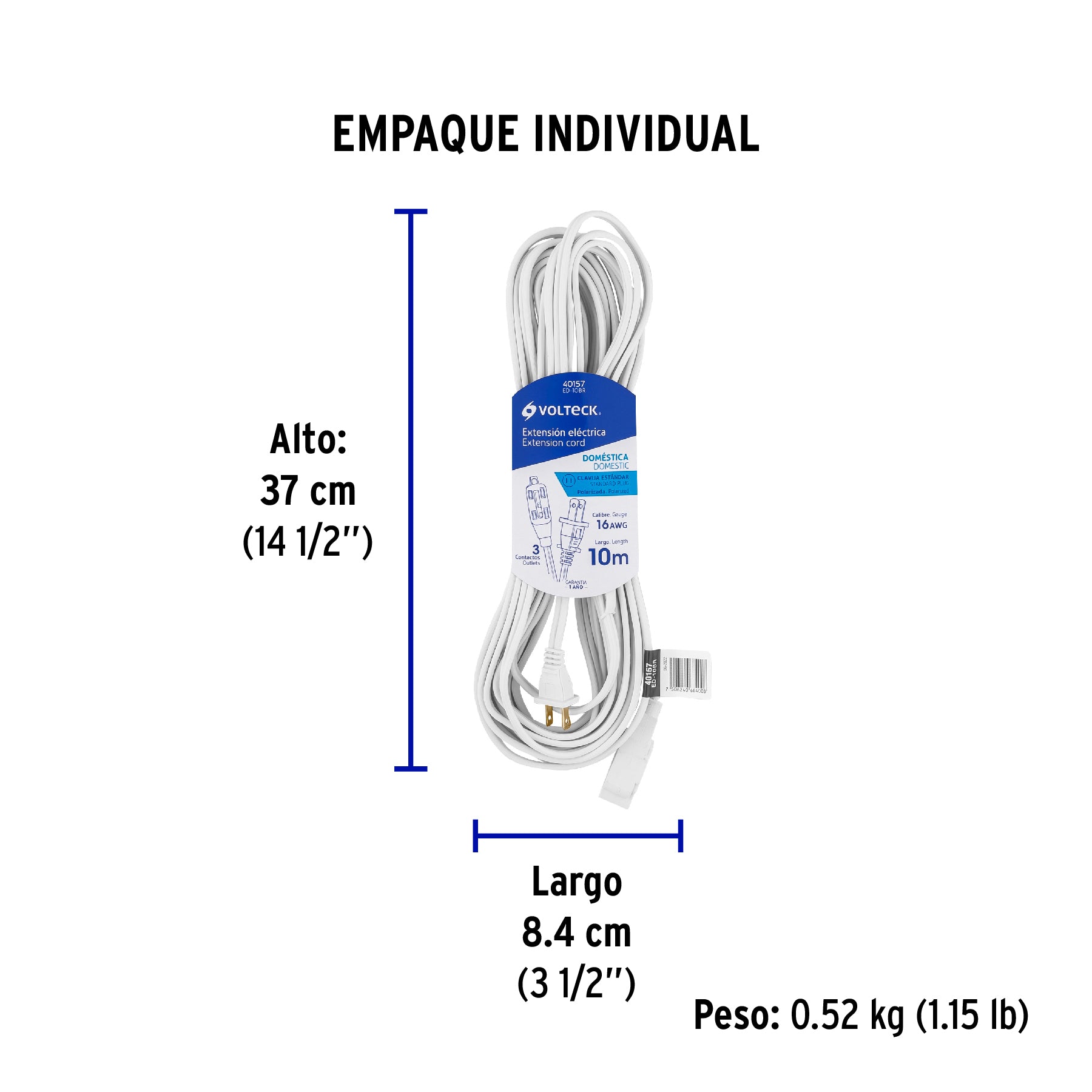 Extensión eléctrica doméstica 10 m clavija recta, blanca | ED-10BR | 40157