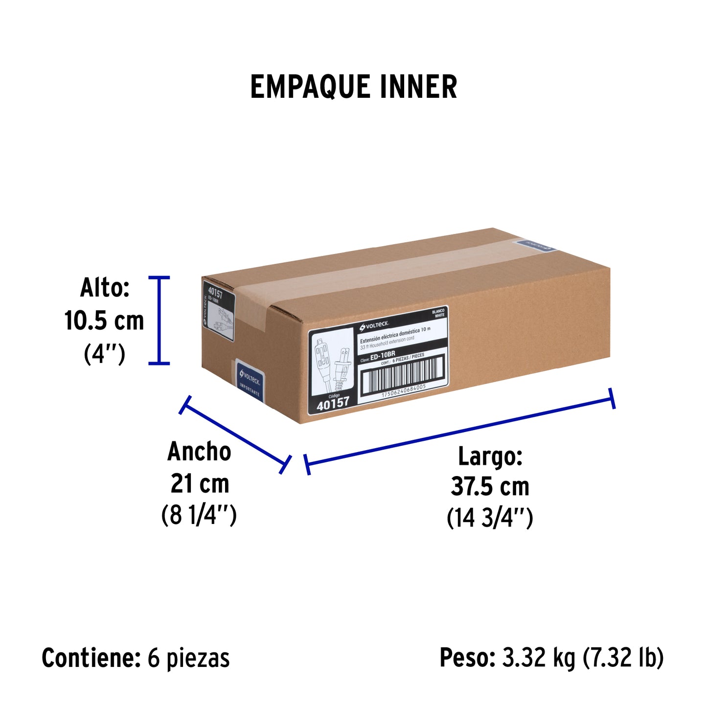 Extensión eléctrica doméstica 10 m clavija recta, blanca | ED-10BR | 40157