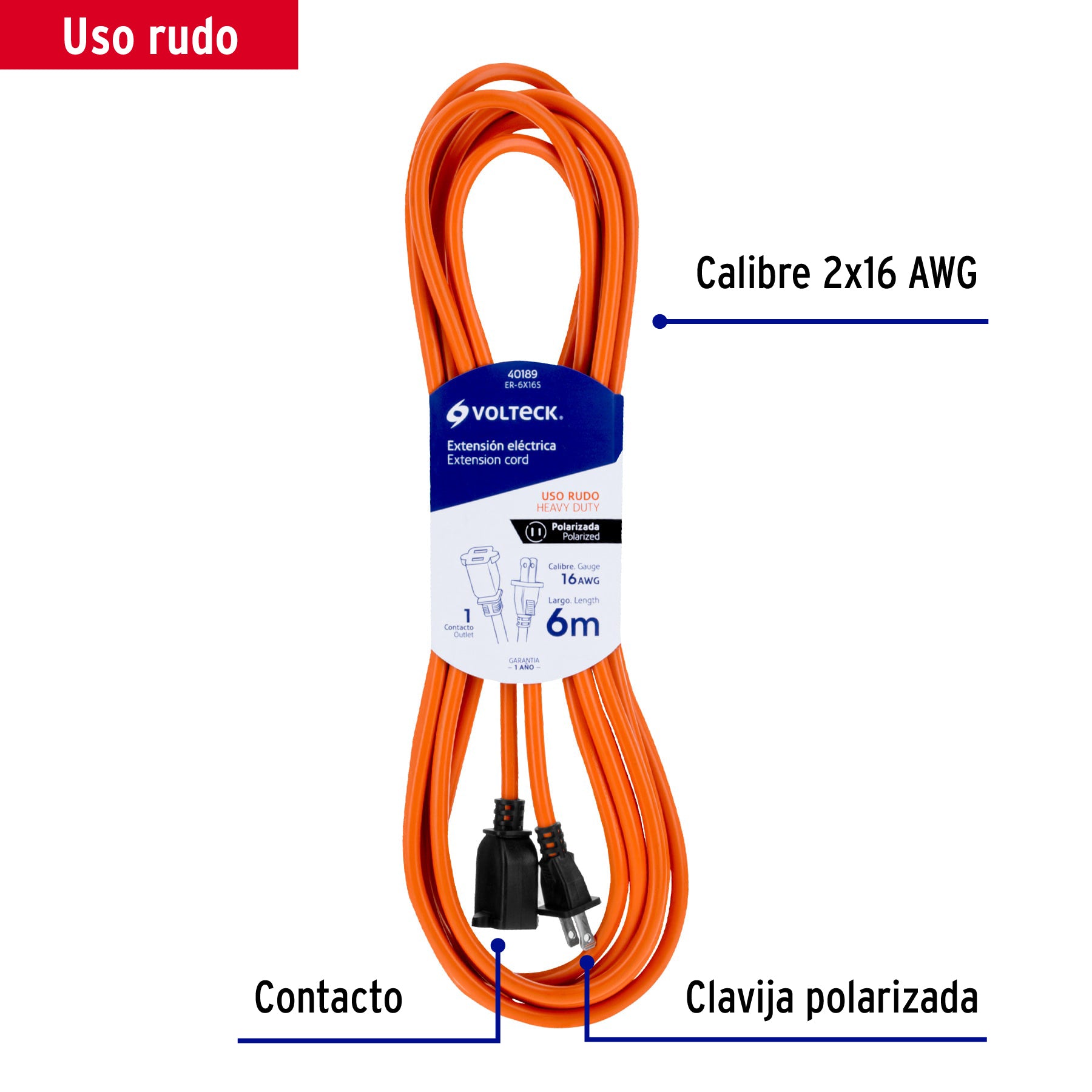 Extensión eléctrica uso rudo 6m 2x16 AWG para 1 clavija | ER-6X16S | 40189