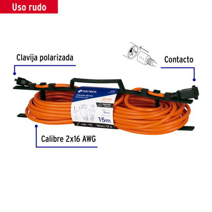 Extensión eléctrica uso rudo 15 m 2x16 AWG para 1 clavija | ER-15X16S | 40191