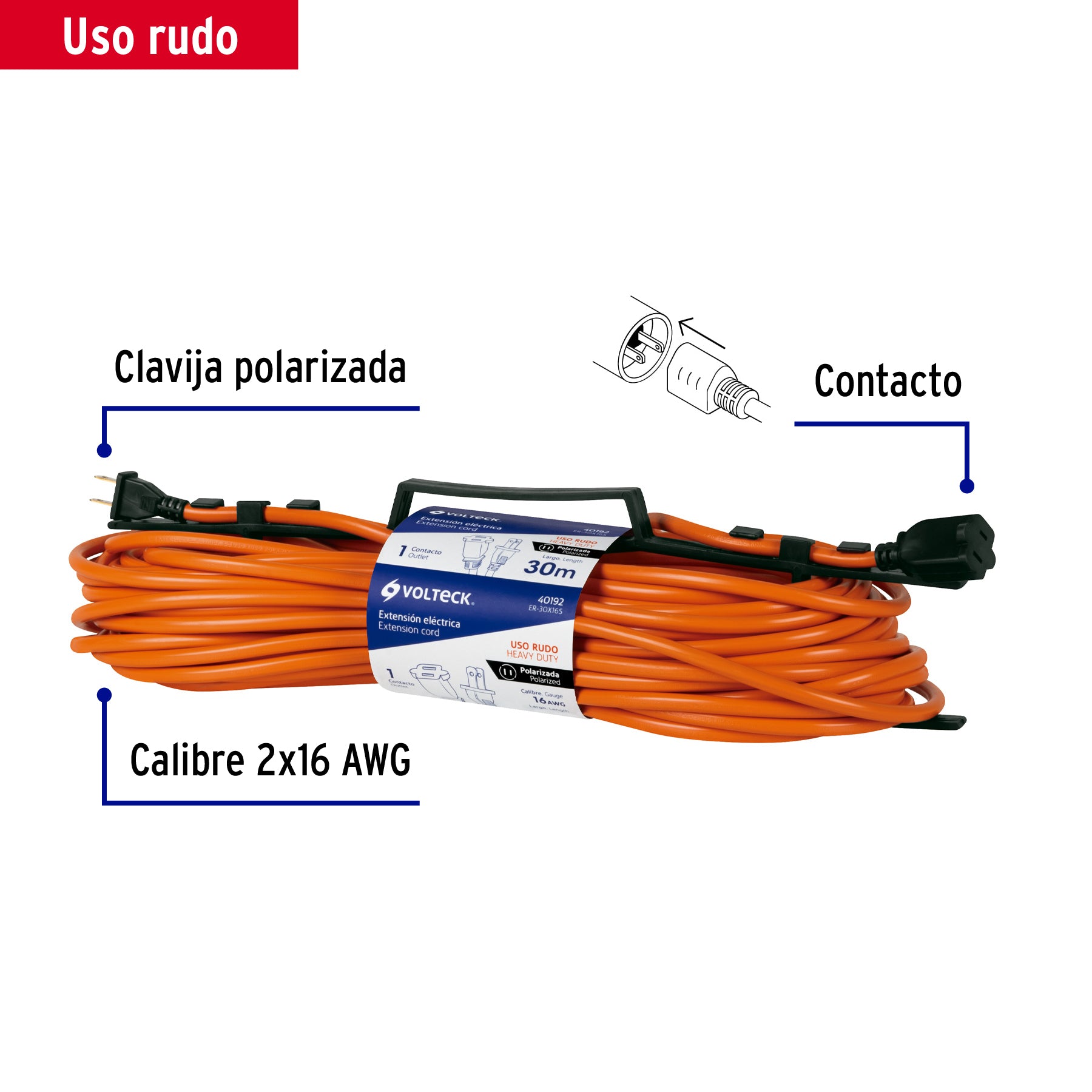 Extensión eléctrica uso rudo 30 m 2x16 AWG para 1 clavija | ER-30X16S | 40192