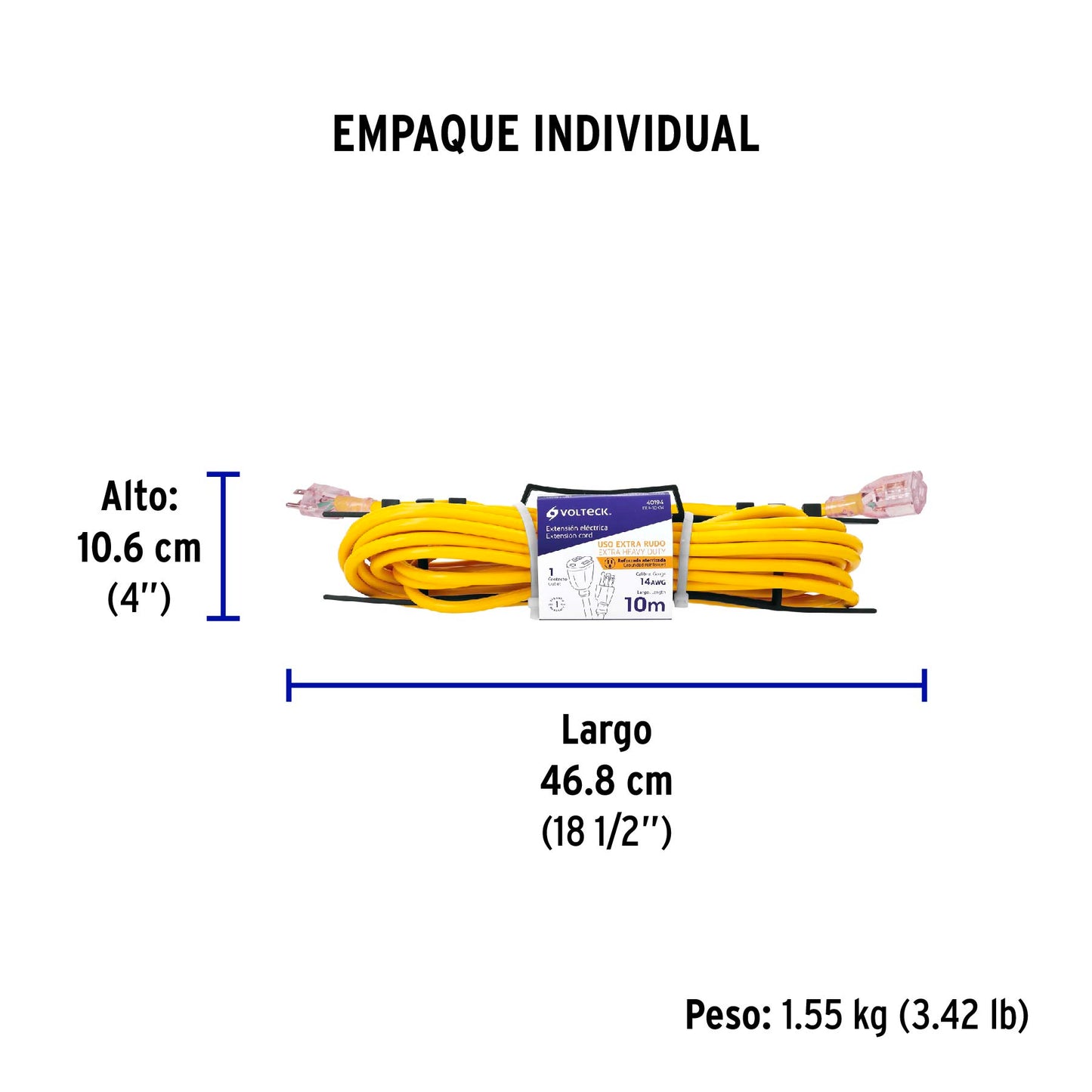 Extensión reforzada aterrizada 10 m calibre 14, Volteck | ERA-10X14 | 40194