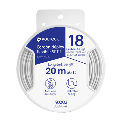 Carrete con 20 m cordón dúplex flexible SPT 18 AWG, Volteck | CDU-18-20 | 40202