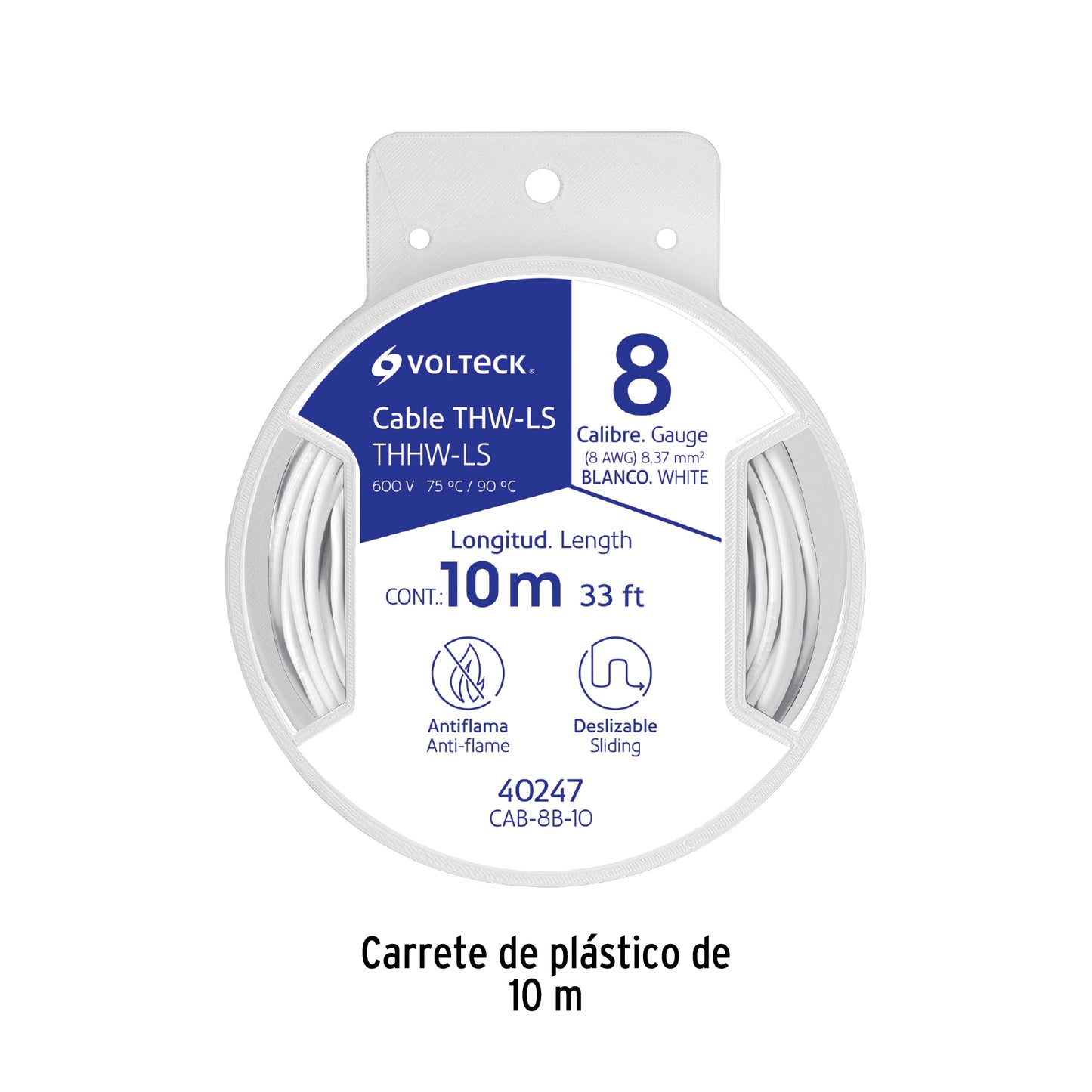 Carrete con 10 m de cable THHW-LS 8 AWG blanco, Volteck | CAB-8B-10 | 40247