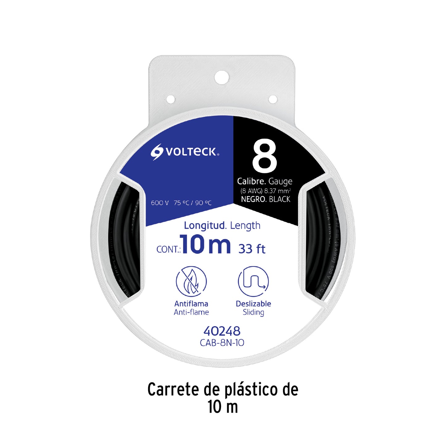 Carrete con 10 m de cable THHW-LS 8 AWG negro, Volteck | CAB-8N-10 | 40248