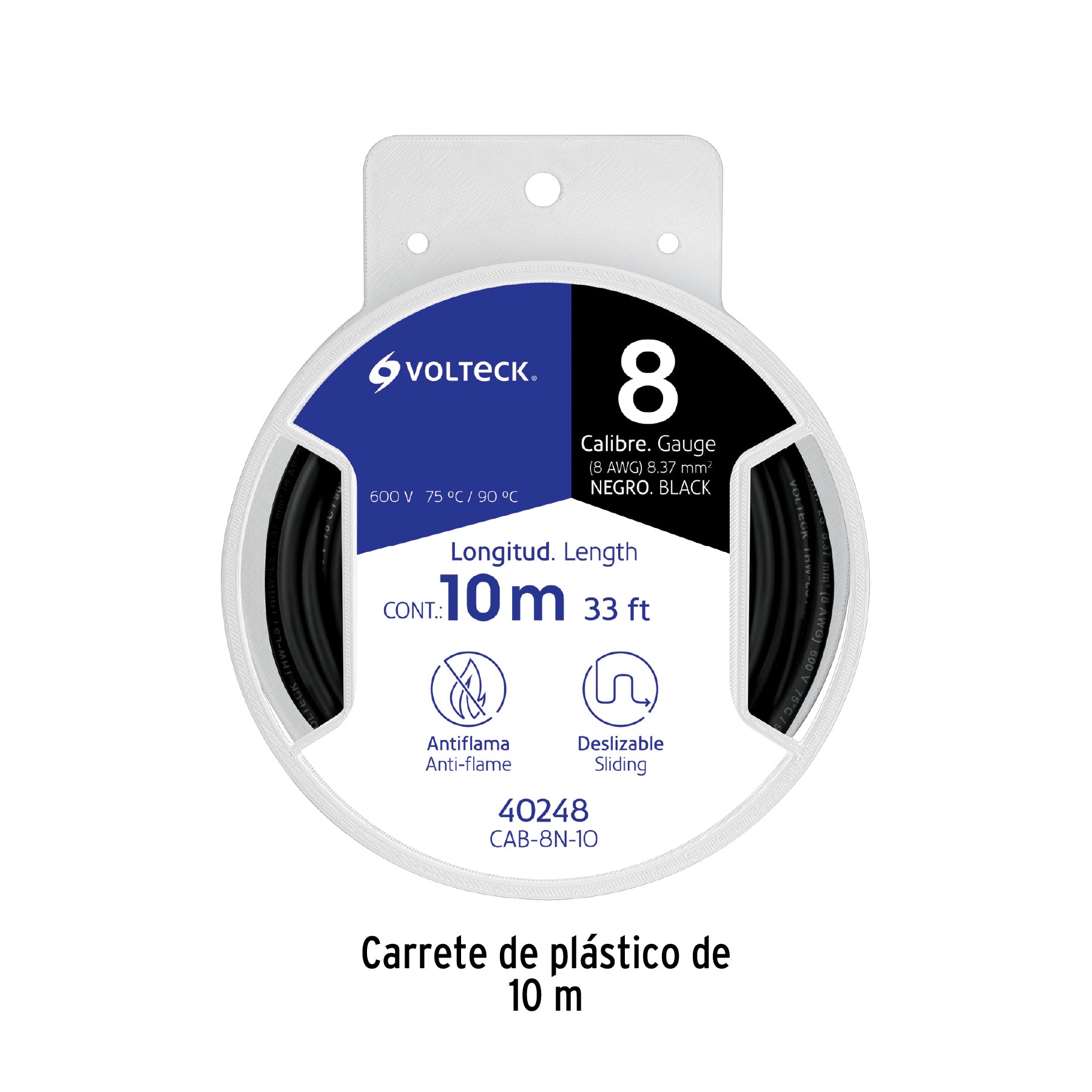 Carrete con 10 m de cable THHW-LS 8 AWG negro, Volteck | CAB-8N-10 | 40248