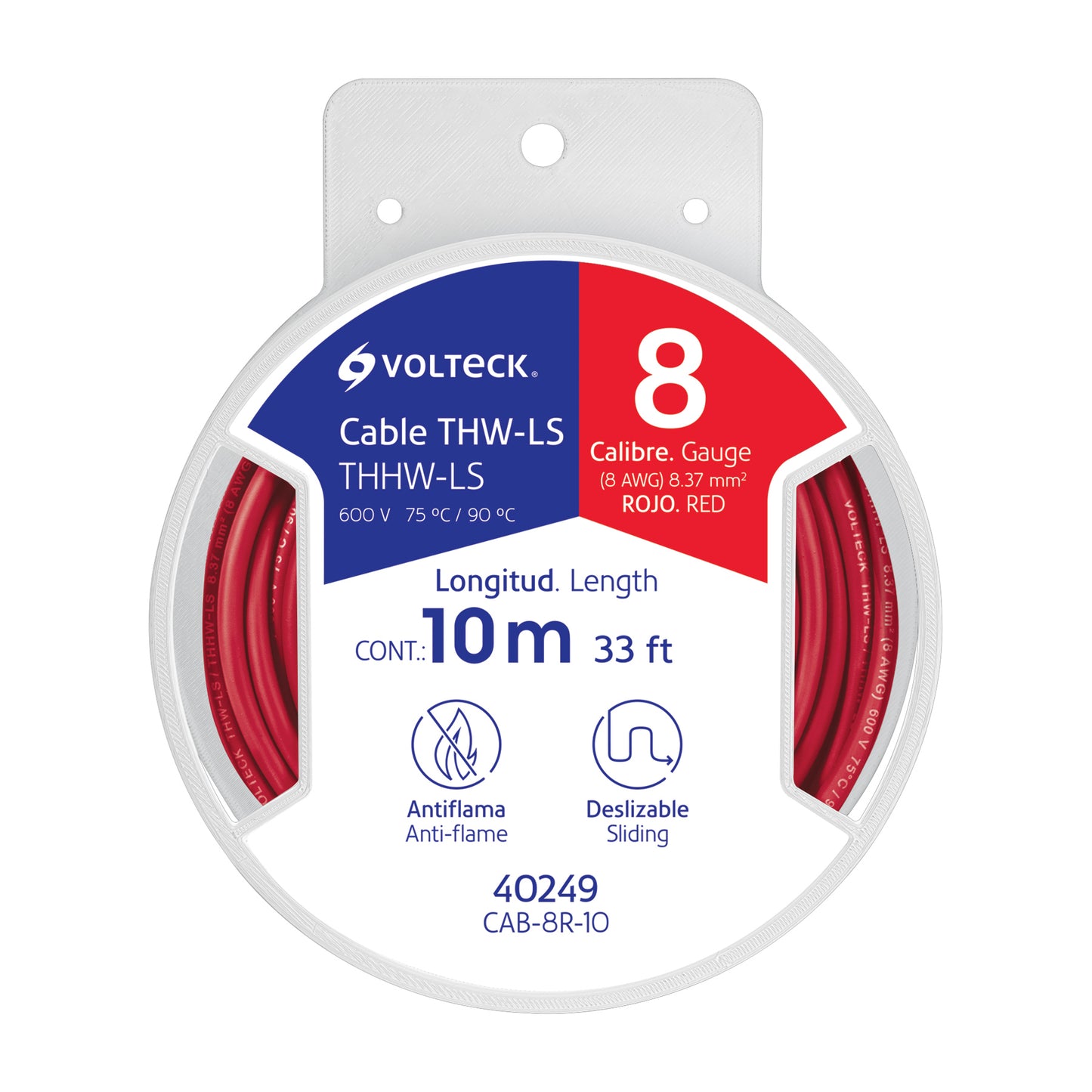 Carrete con 10 m de cable THHW-LS 8 AWG rojo, Volteck | CAB-8R-10 | 40249