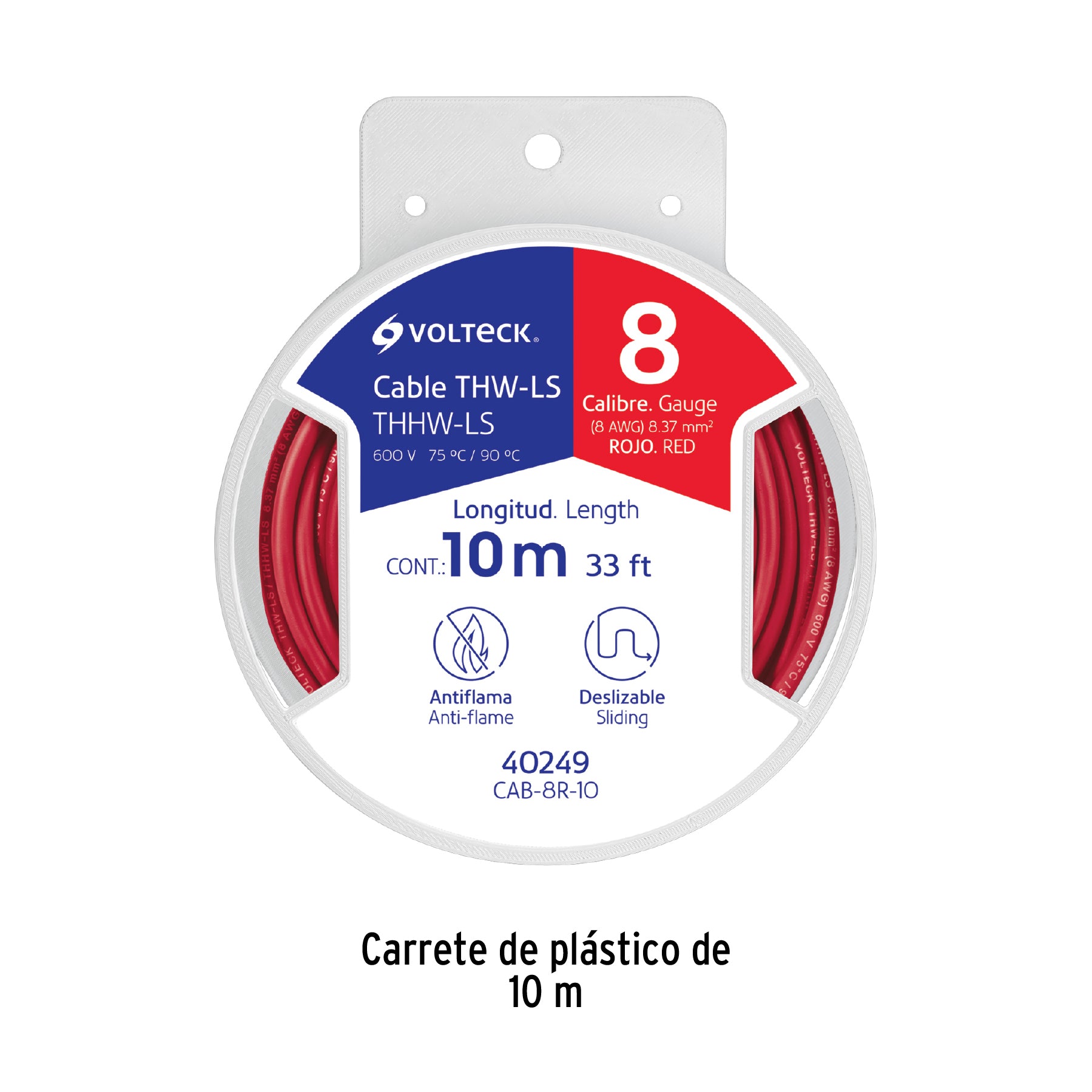 Carrete con 10 m de cable THHW-LS 8 AWG rojo, Volteck | CAB-8R-10 | 40249