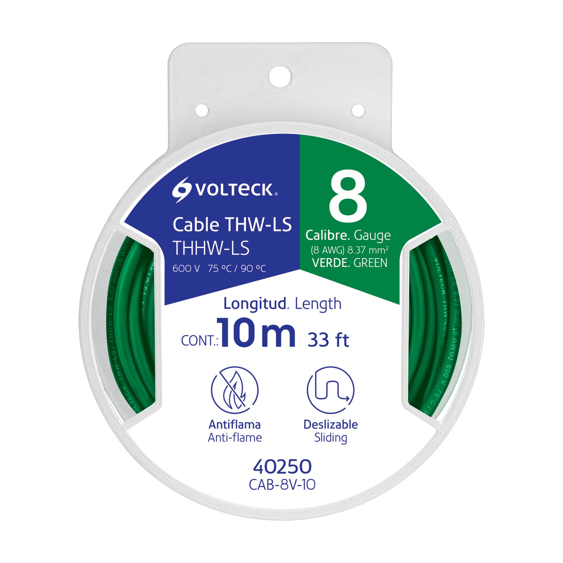 Carrete con 10 m de cable THHW-LS 8 AWG verde, Volteck | CAB-8V-10 | 40250