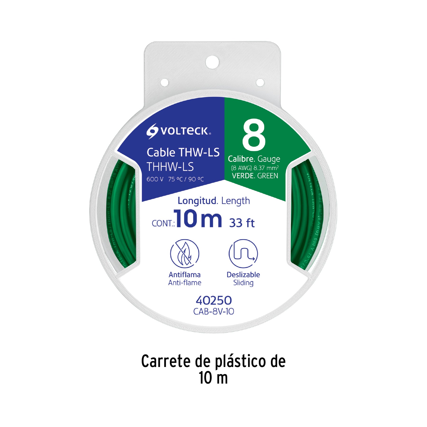 Carrete con 10 m de cable THHW-LS 8 AWG verde, Volteck | CAB-8V-10 | 40250