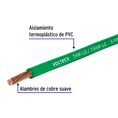 Carrete con 10 m de cable THHW-LS 8 AWG verde, Volteck | CAB-8V-10 | 40250