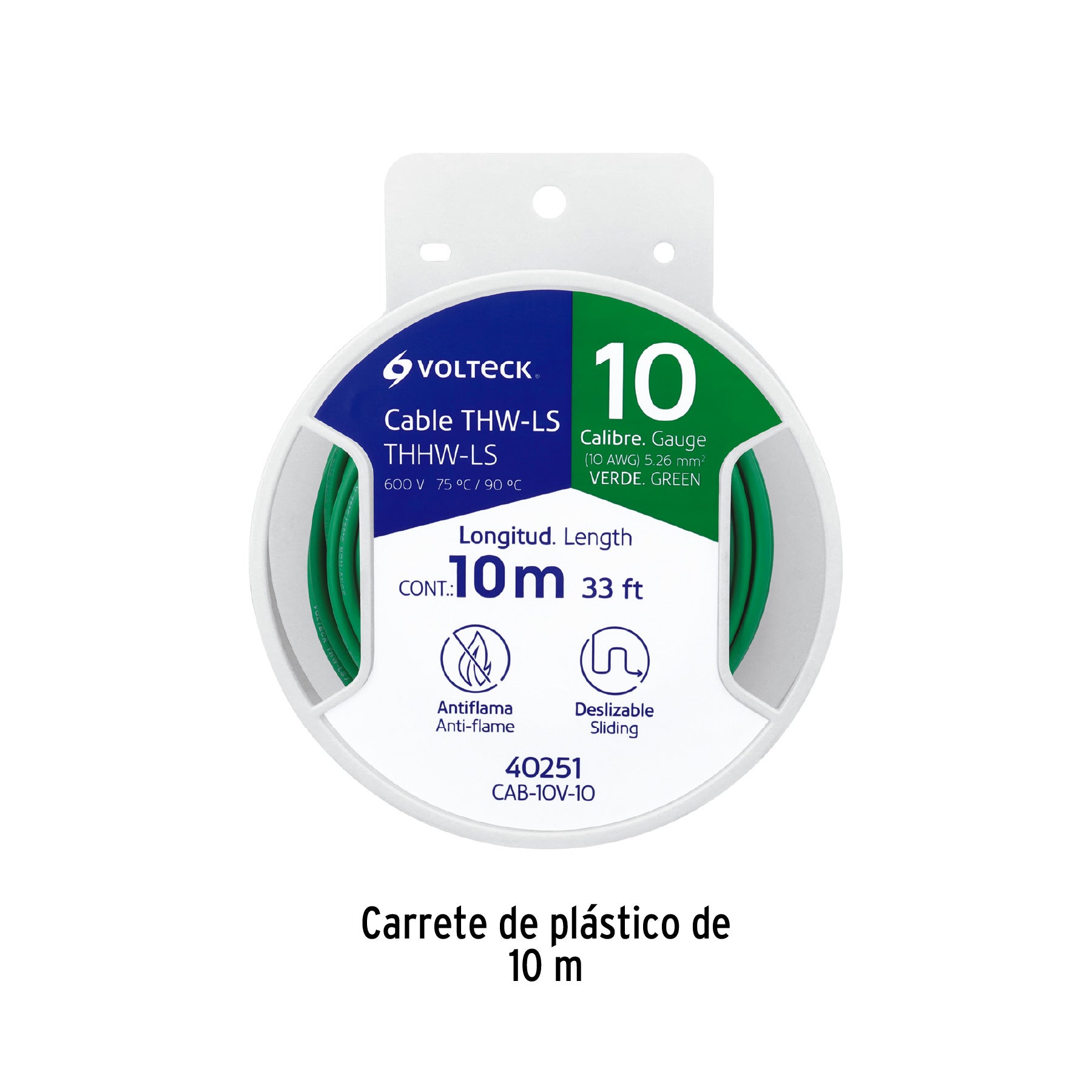Carrete con 10 m de cable THHW-LS 10 AWG verde, Volteck | CAB-10V-10 | 40251