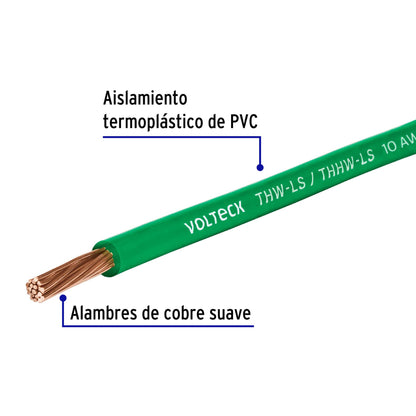 Carrete con 10 m de cable THHW-LS 10 AWG verde, Volteck | CAB-10V-10 | 40251