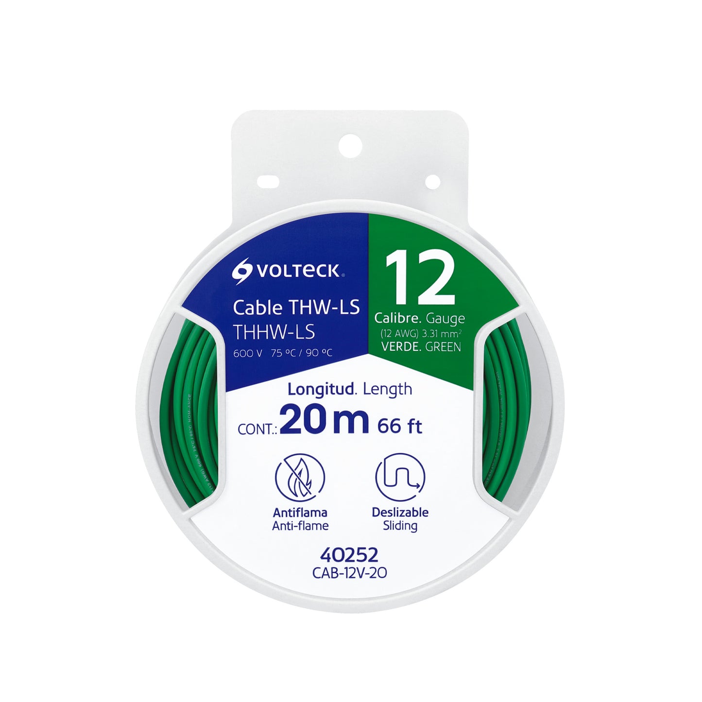 Carrete con 20 m de cable THHW-LS 12 AWG verde, Volteck | CAB-12V-20 | 40252